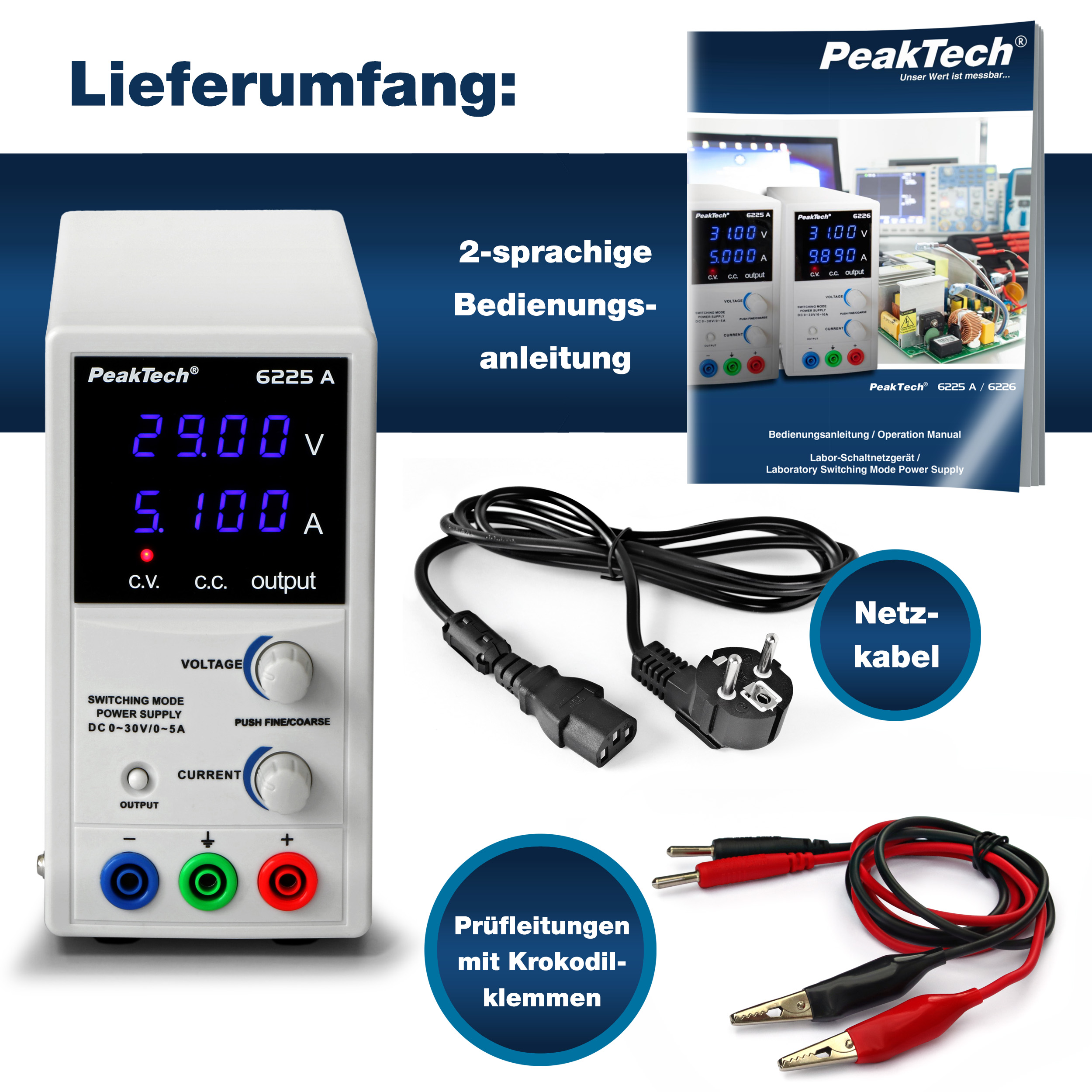 «PeakTech® P 6225 A» Labor-Schaltnetzteil DC 0 - 30 V/0 - 5 A