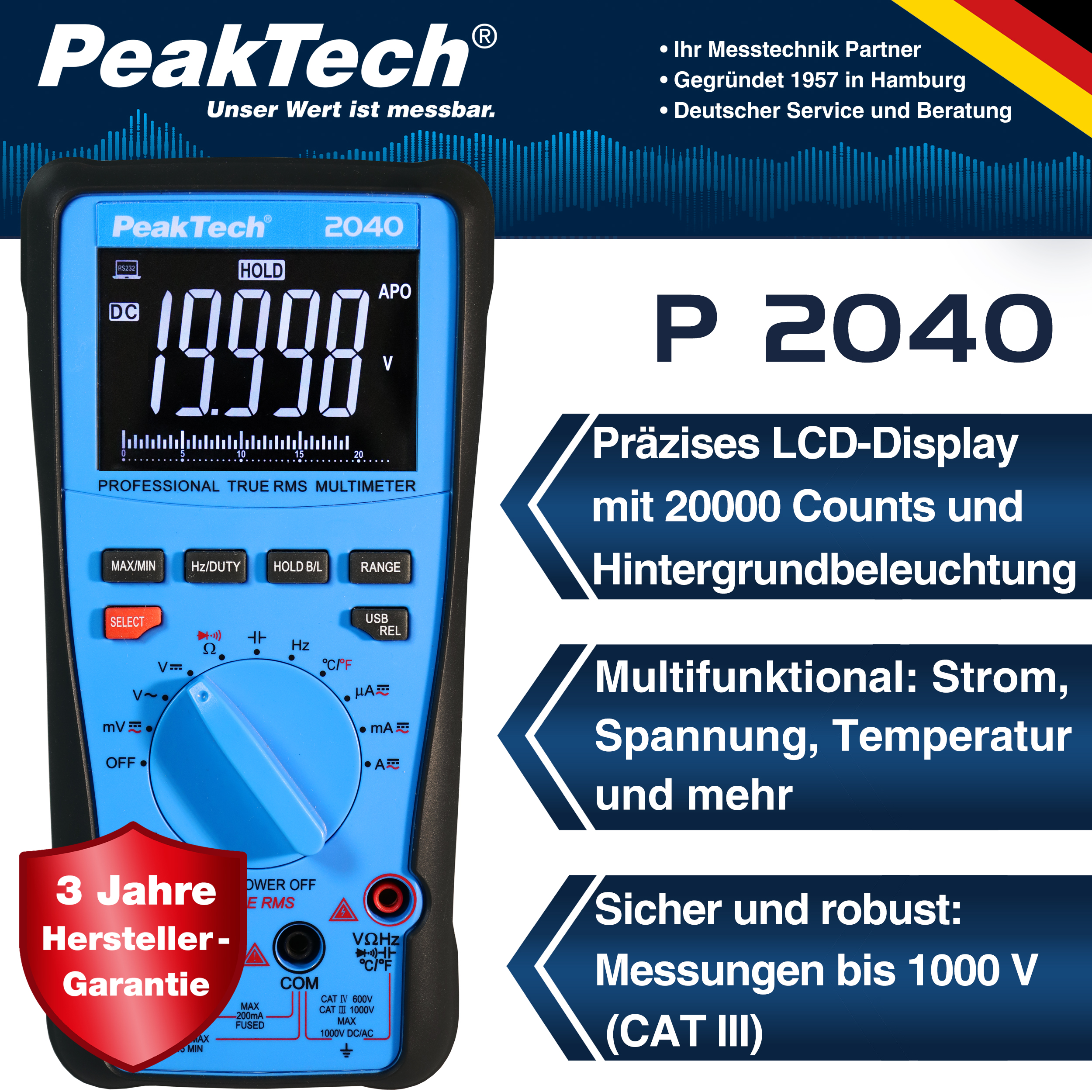 «PeakTech® P 2040» True RMS 1000V Digitalmultimeter 20000 Counts, USB