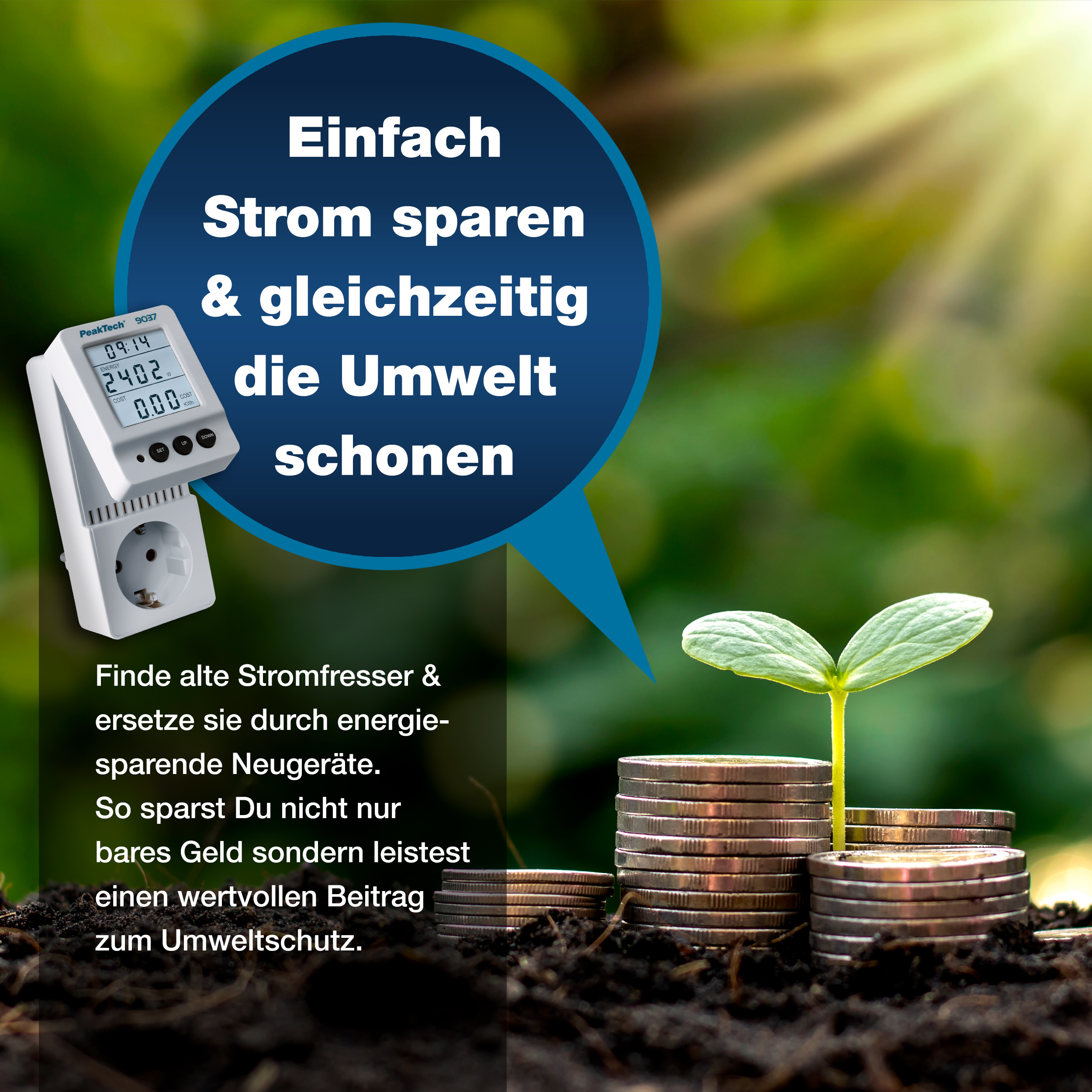 «PeakTech® P 9037» Energiekostenmessgerät 0,1W Auflösung mit schwenkbarem LCD