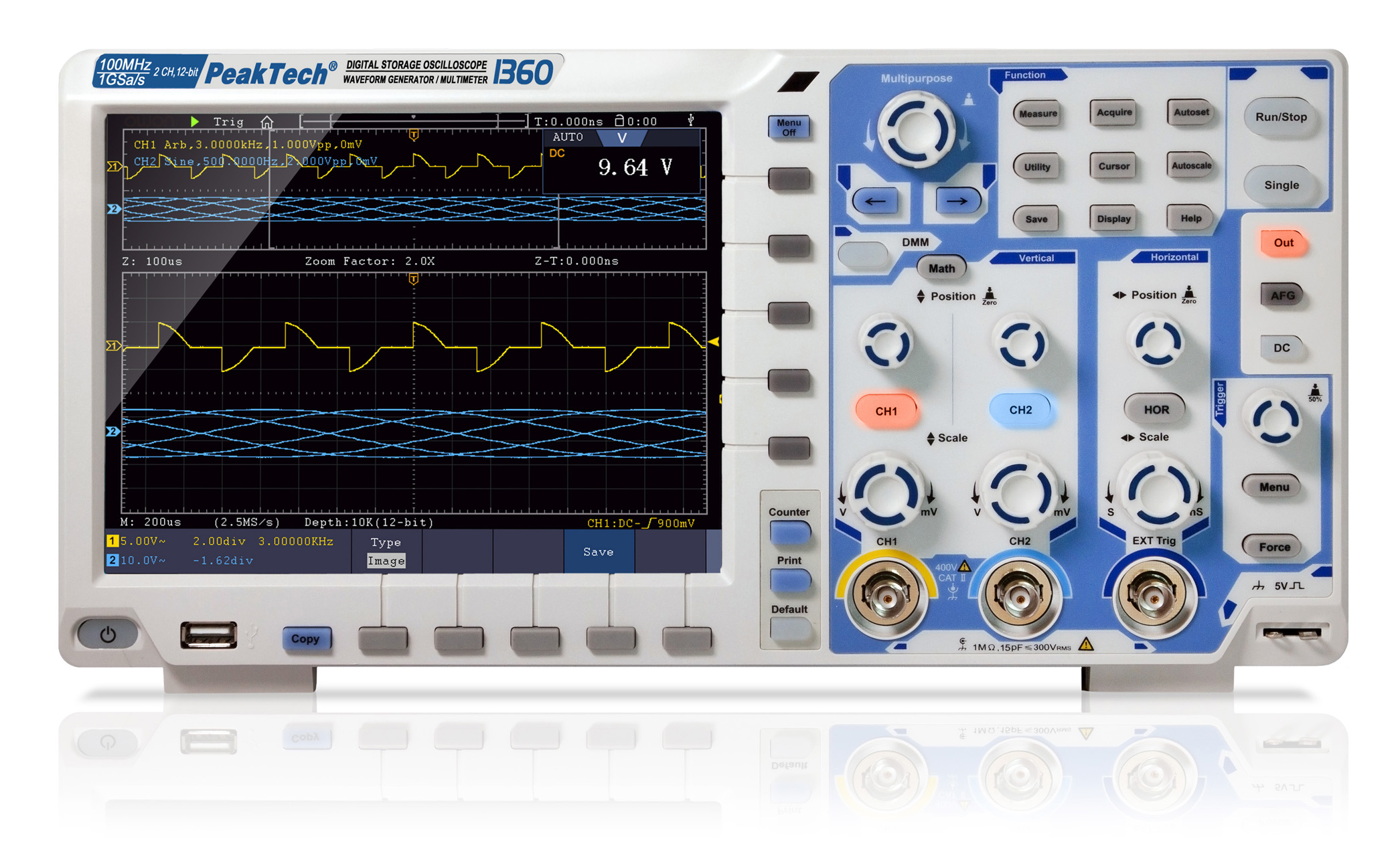 «PeakTech® P 1360» 100 MHz / 2 CH, 1 GS/s Touchscreen-Oszilloskop