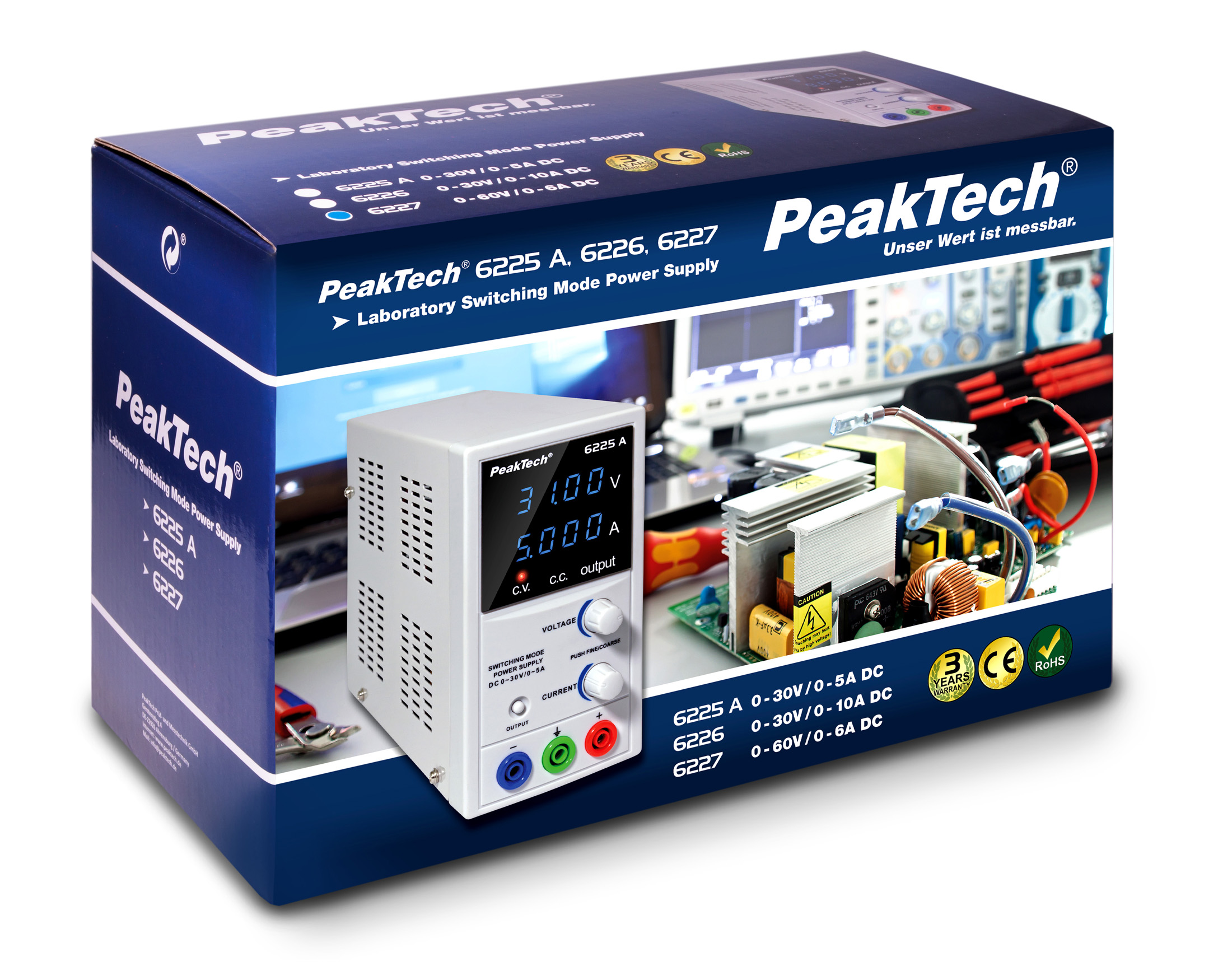 «PeakTech® P 6227» Fuente de Alimentación DC 0-60V/0-6 A 2x USB