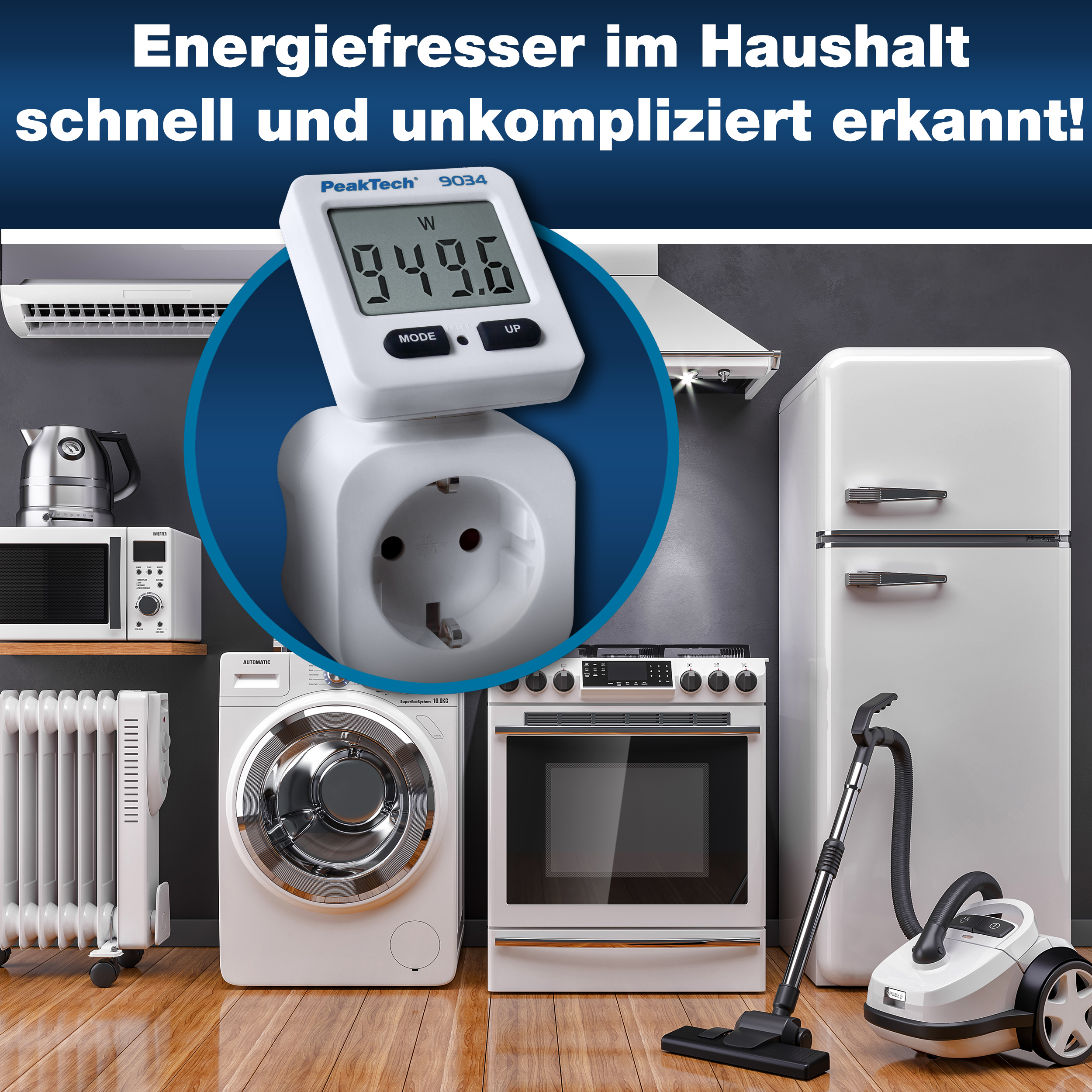 «PeakTech® P 9034» Energiekostenmessgerät 0,1W Auflösung mit drehbarer Anzeige