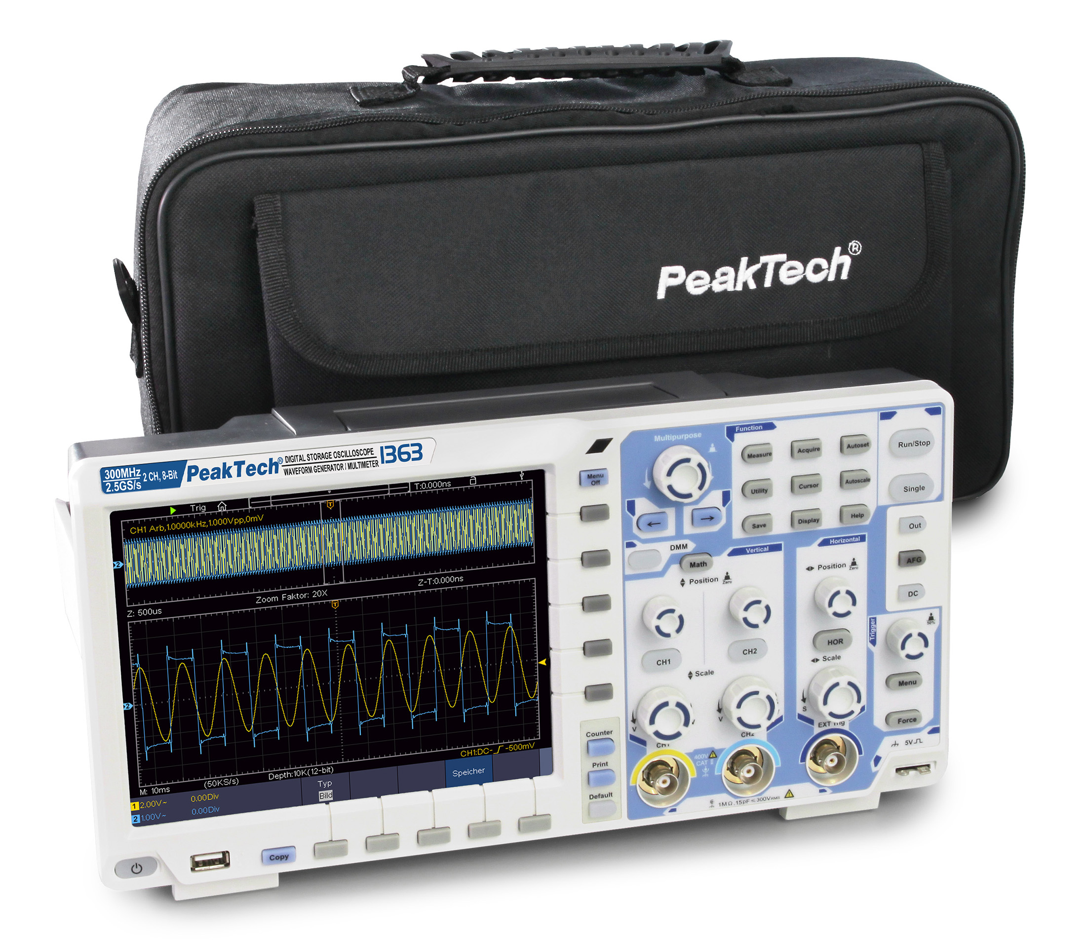 «PeakTech® P 1363» Oscilloscopio touchscreen, 300 MHz /2 CH, 2,5 GS/s