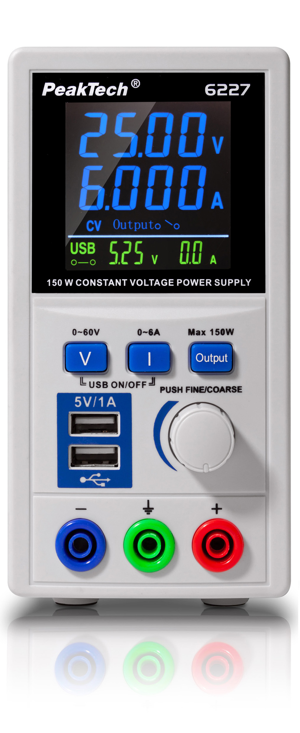 «PeakTech® P 6227» DC Schaltnetzgerät 0-60 V / 0-6 A mit 2 x USB