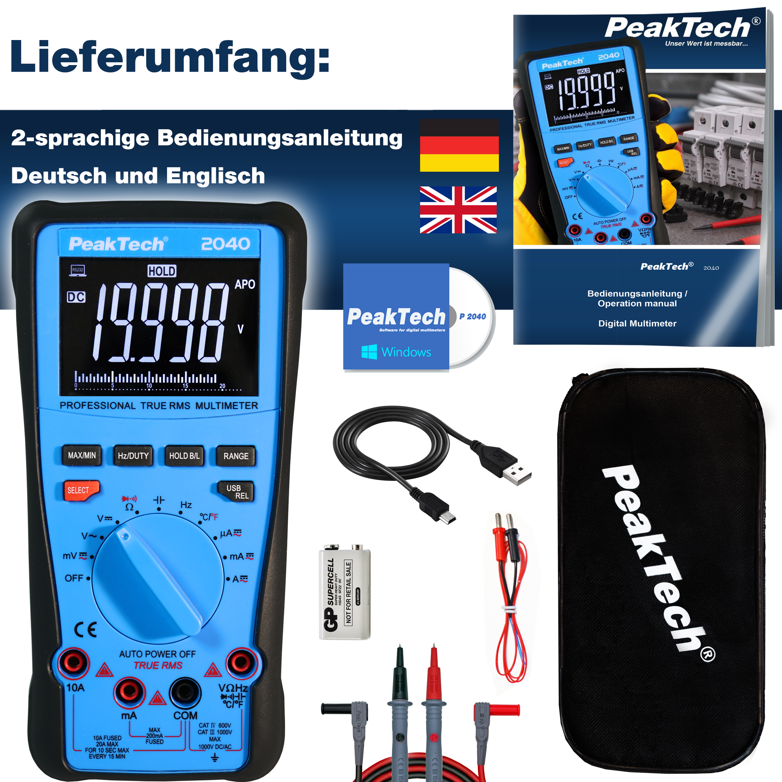 «PeakTech® P 2040» True RMS 1000V Digitalmultimeter 20000 Counts, USB