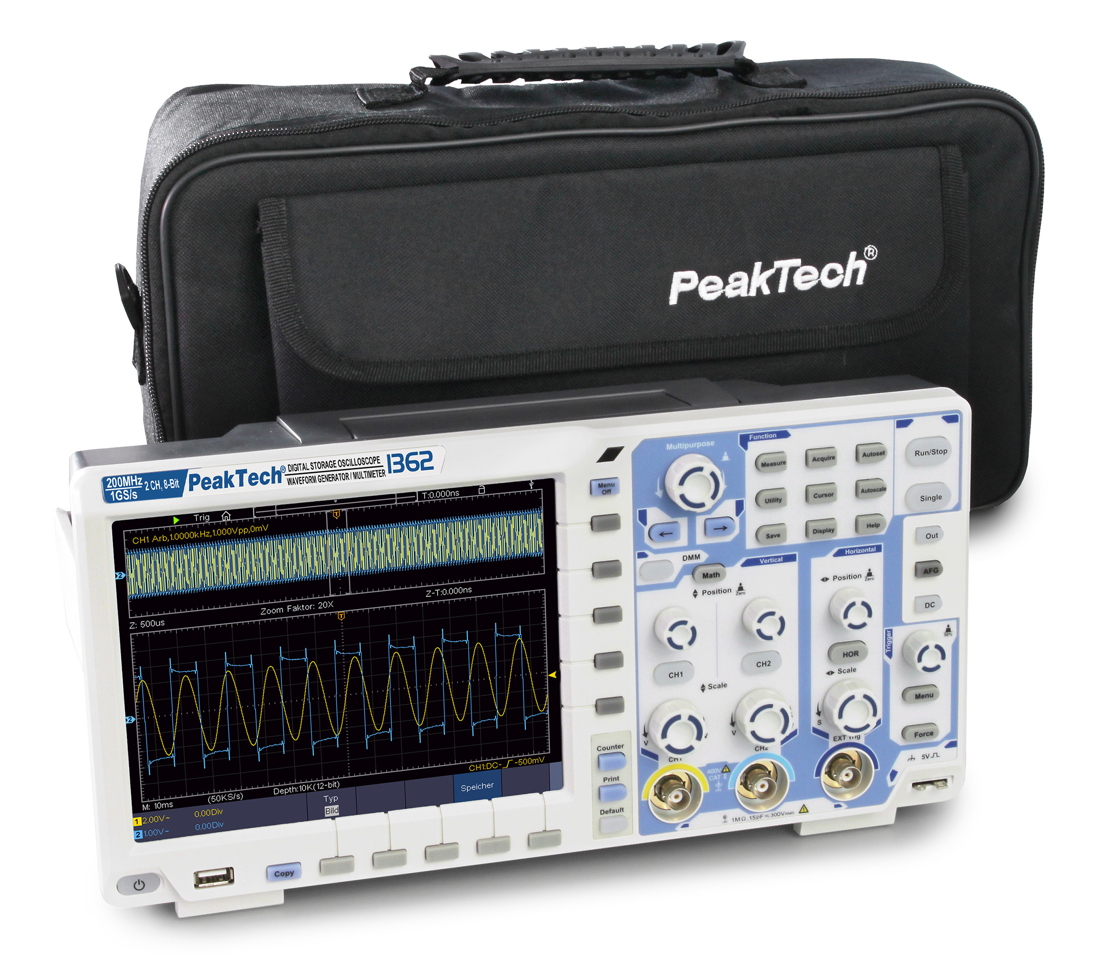 «PeakTech® P 1362» 200 MHz / 2 CH, 2 GS/s Touchscreen-Oszilloskop