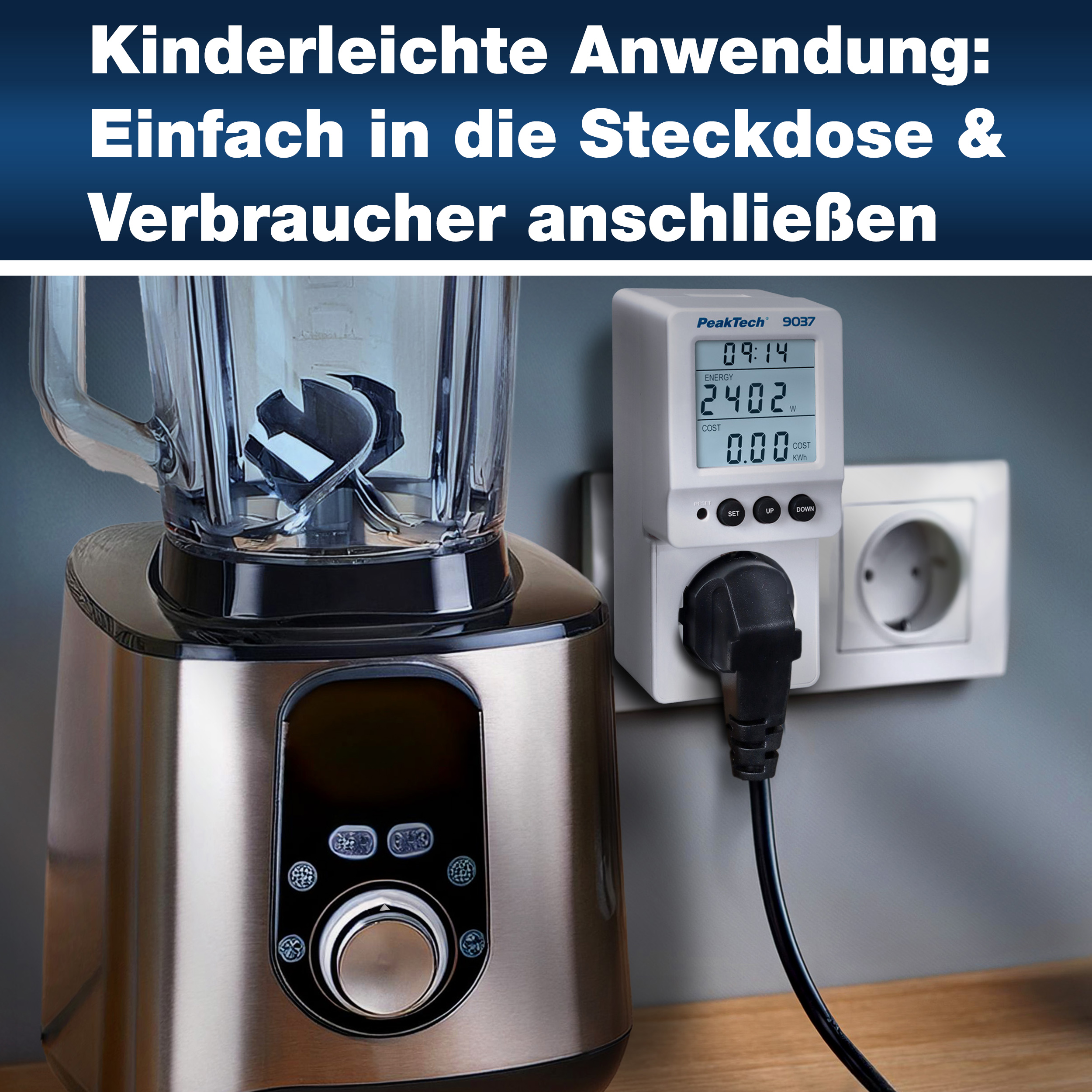 «PeakTech® P 9037» Energiekostenmessgerät 0,1W Auflösung mit schwenkbarem LCD