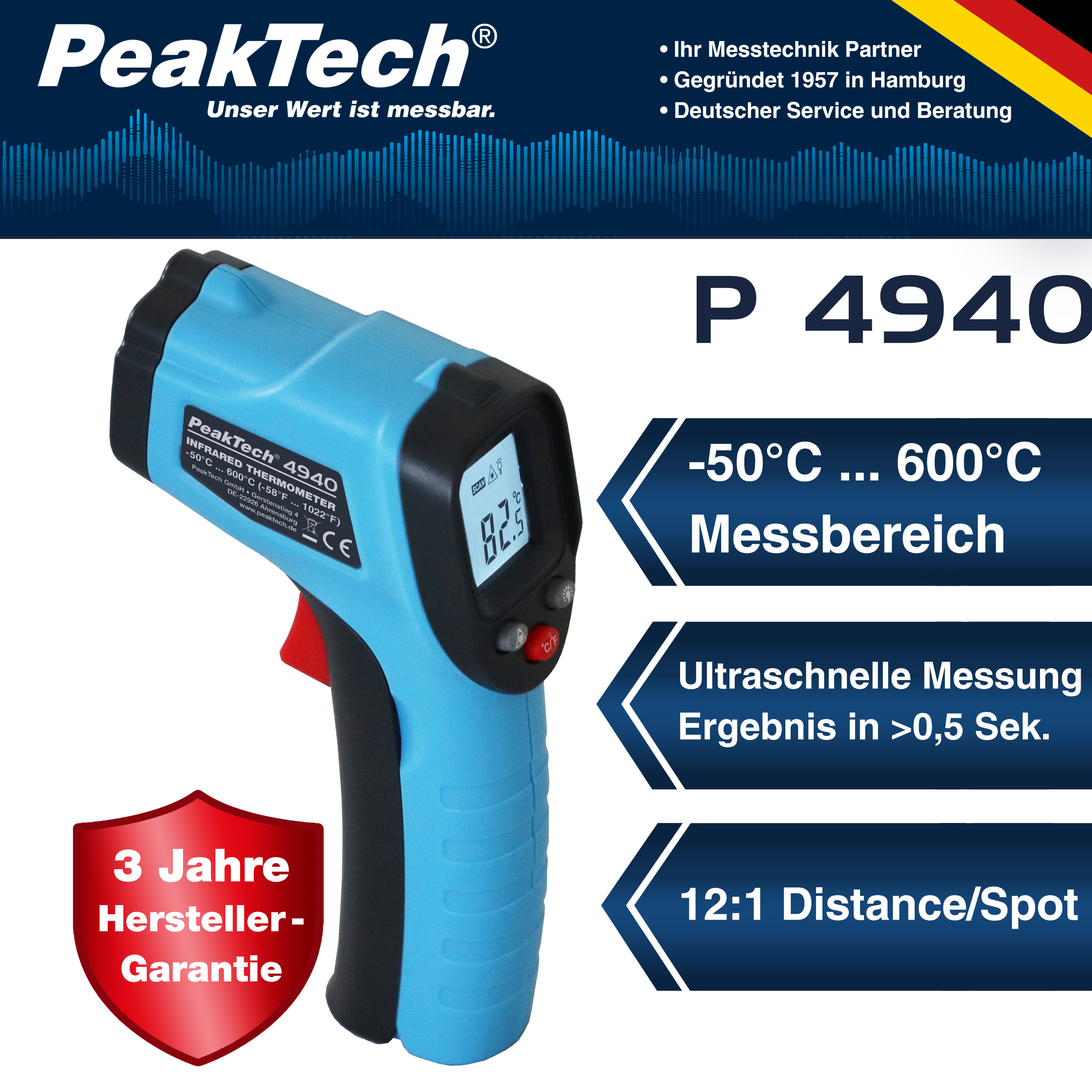 «PeakTech® P 4940» Mini IR-Thermometer -50°C ... +600°C ~ 12:1 «PeakTech® P 4940» Mini IR-Thermometer -50°C ... +600°C ~ 12:1