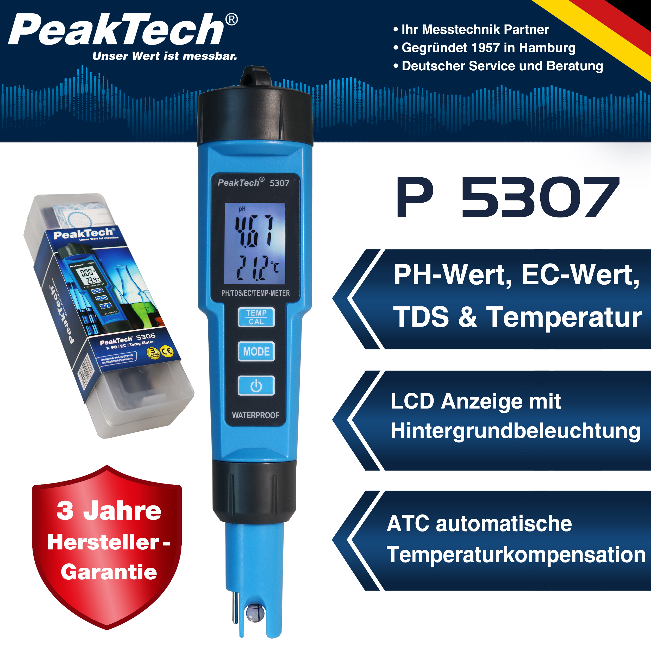 «PeakTech® P 5307» Medidor de PH 4 en 1 PH/EC/TDS/TEMP