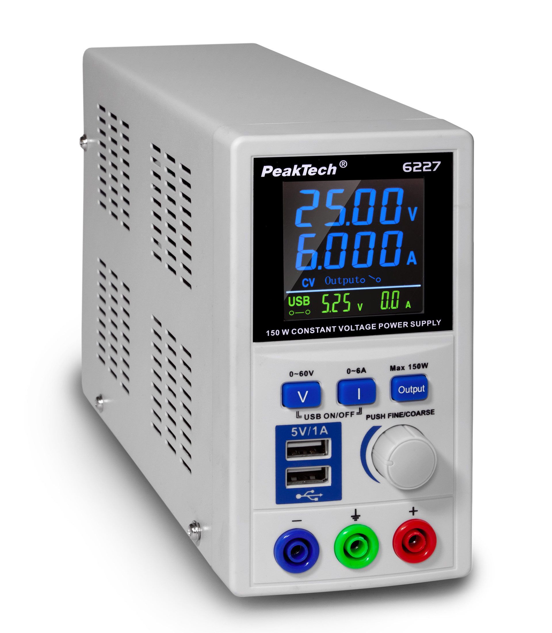 «PeakTech® P 6227» DC power supply 0-60 V / 0-6 A with 2 x USB «PeakTech® P 6227» DC power supply 0-60 V / 0-6 A with 2 x USB
