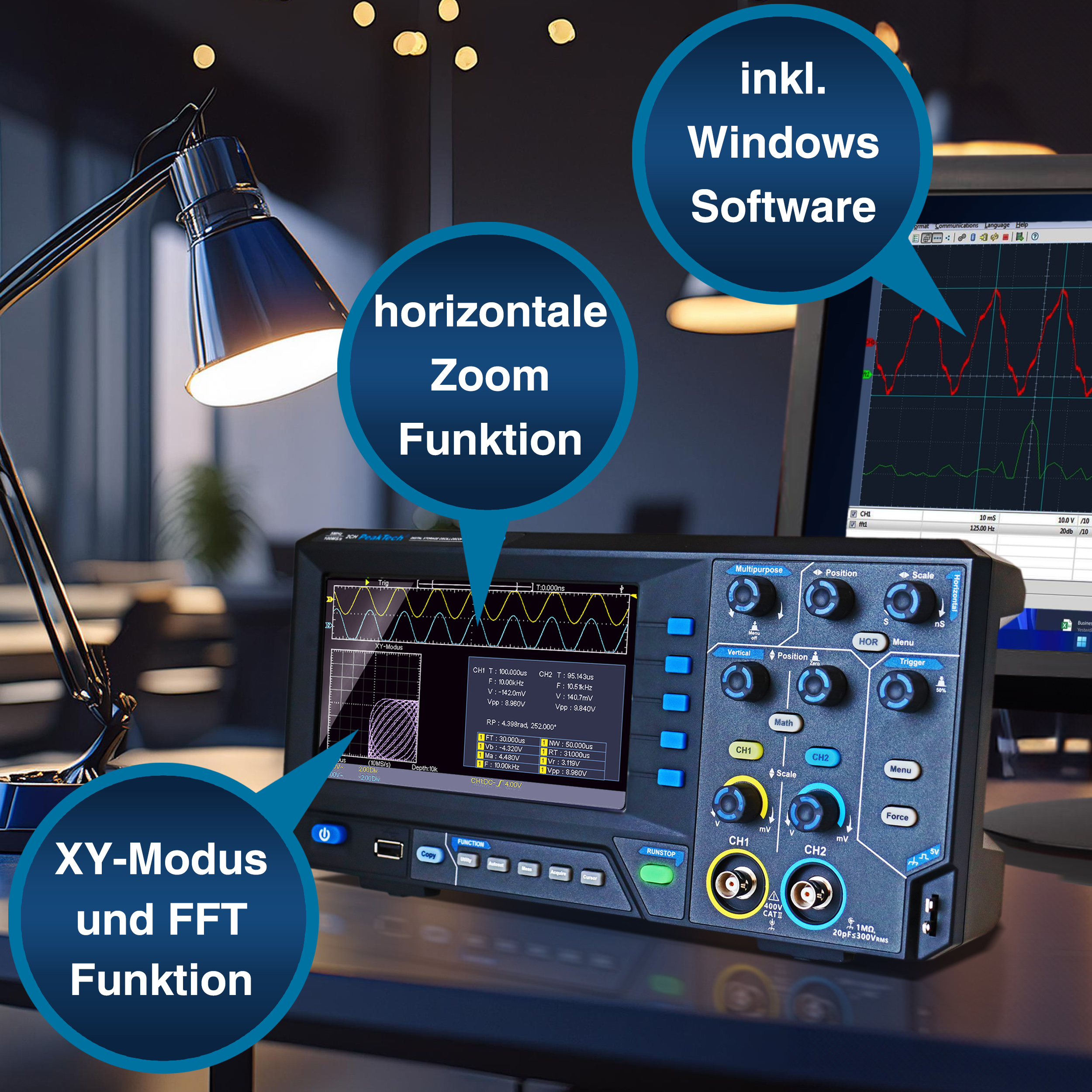 «PeakTech® P 1402» 20 MHz / 2CH, 250 MS/s Oscilloscope à mémoire