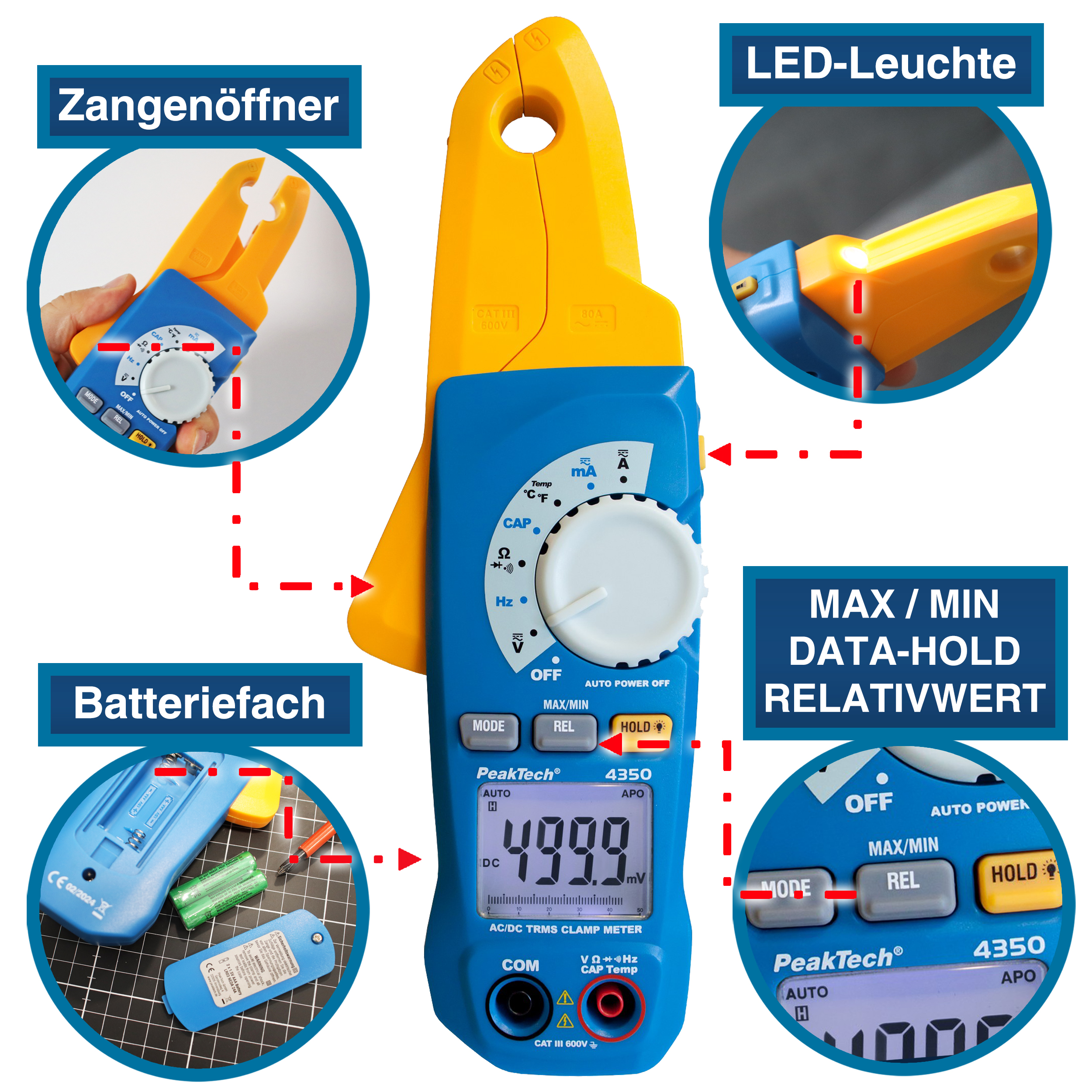 «PeakTech® P 4350» TRMS Current Clamp Meter, 4.000 Counts, 80 A AC/DC