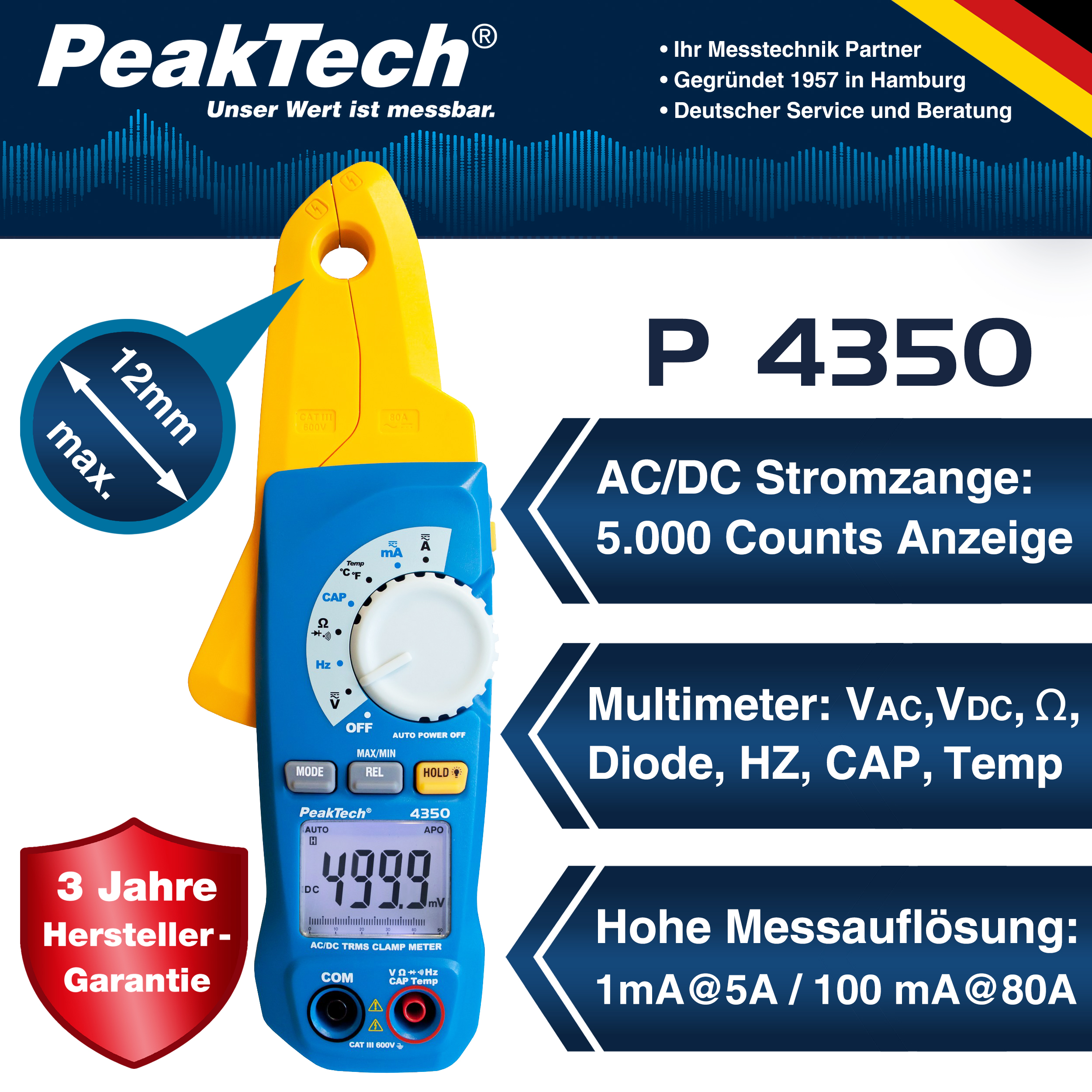 «PeakTech® P 4350» TRMS Current Clamp Meter, 4.000 Counts, 80 A AC/DC