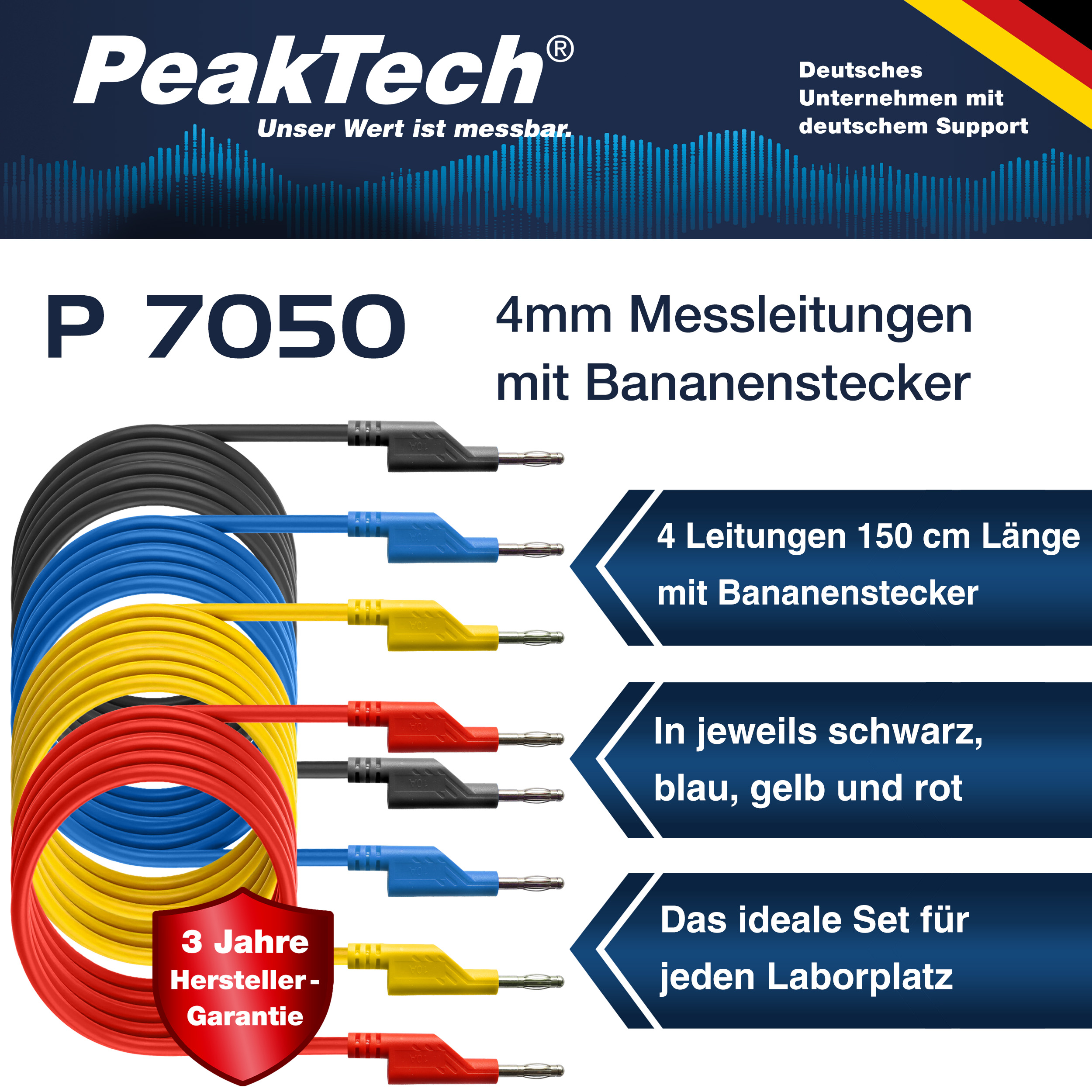 «PeakTech® P 7050» Jeu de 4 câbles de test, 150 cm, pour alimentations de laboratoire