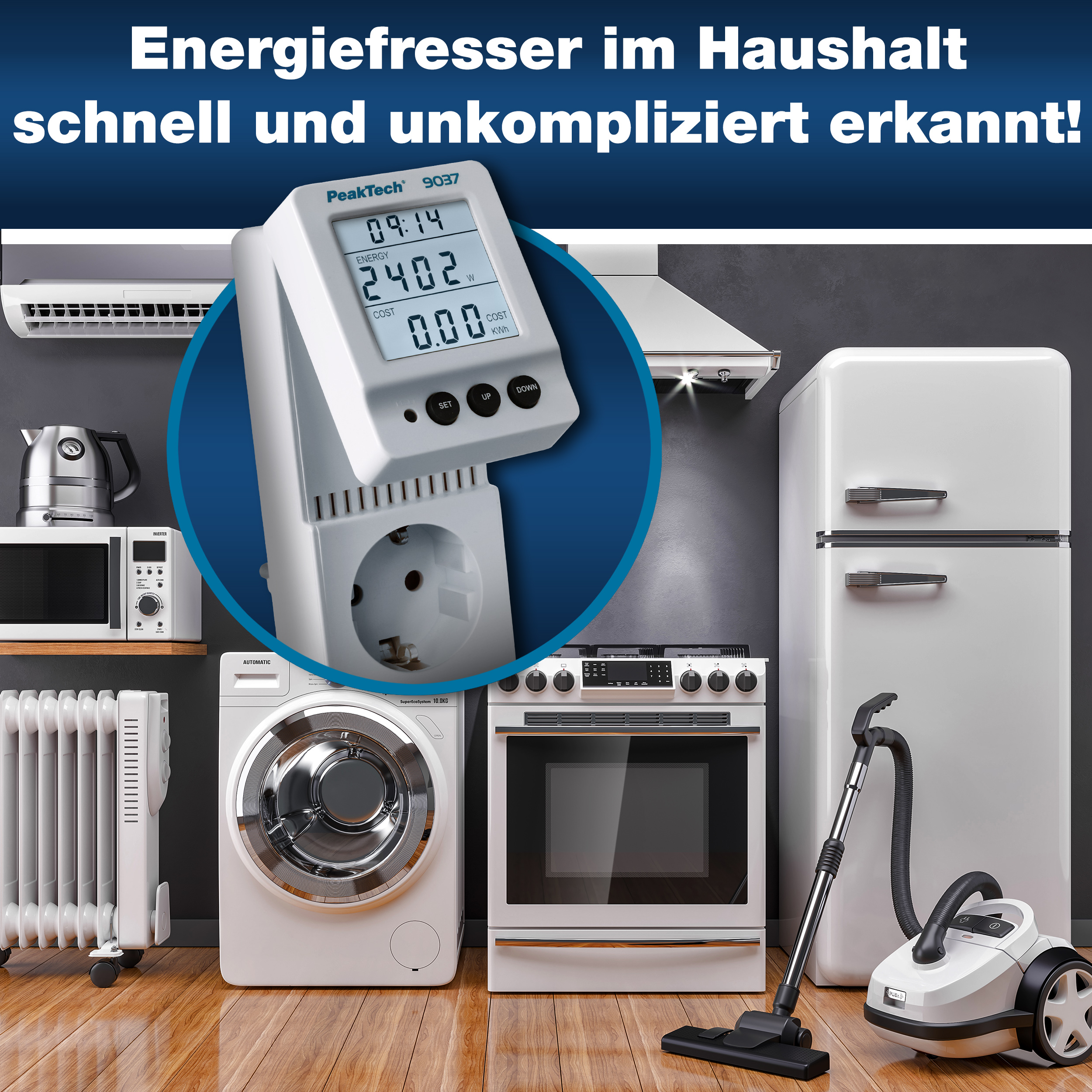 «PeakTech® P 9037» Energiekostenmessgerät 0,1W Auflösung mit schwenkbarem LCD