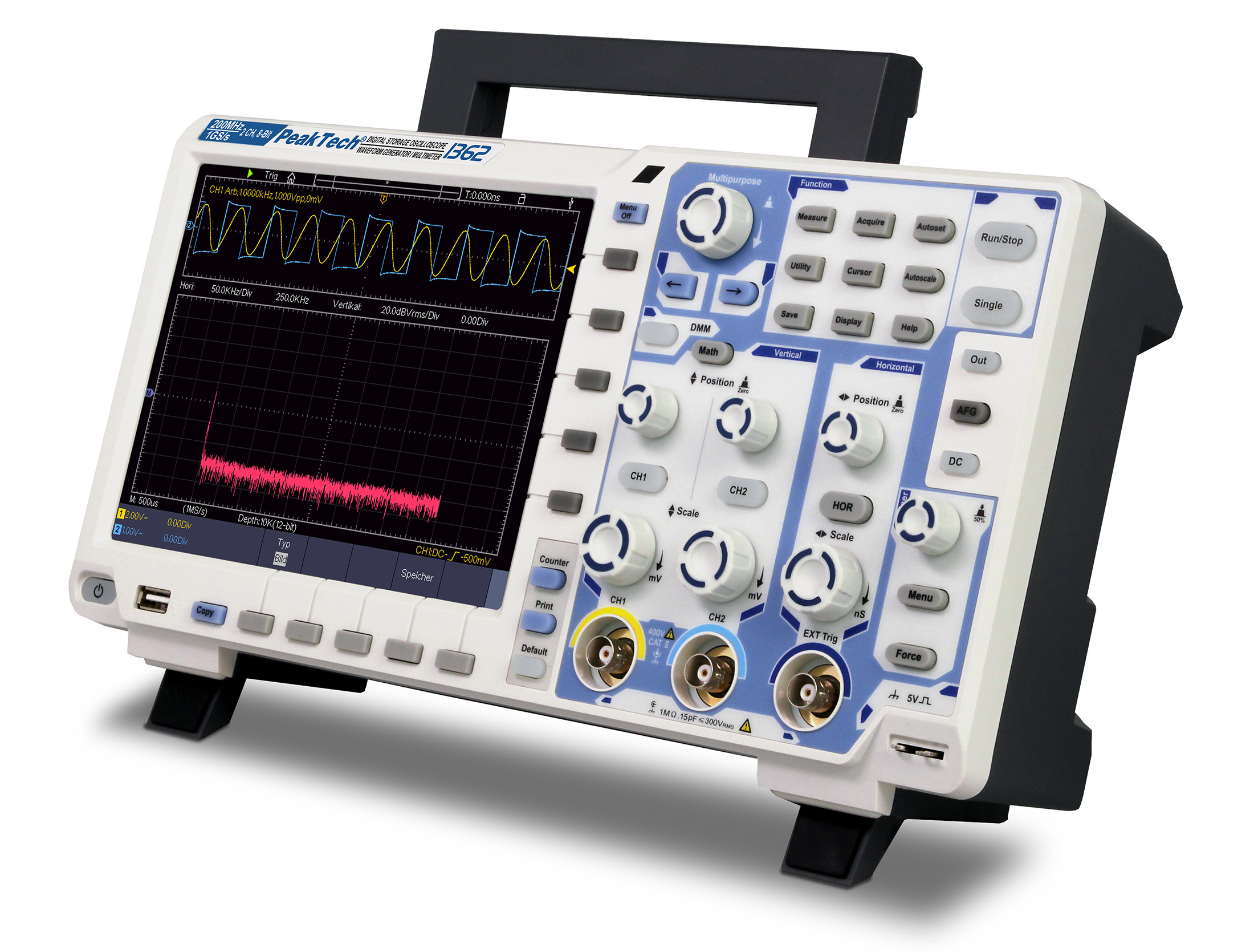 «PeakTech® P 1362» 200 MHz / 2 CH, 2 GS/s Touchscreen-Oszilloskop