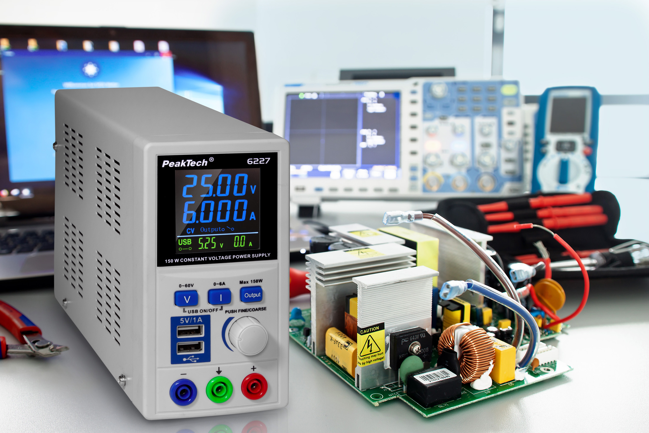 «PeakTech® P 6227» DC power supply 0-60 V / 0-6 A with 2 x USB «PeakTech® P 6227» DC power supply 0-60 V / 0-6 A with 2 x USB