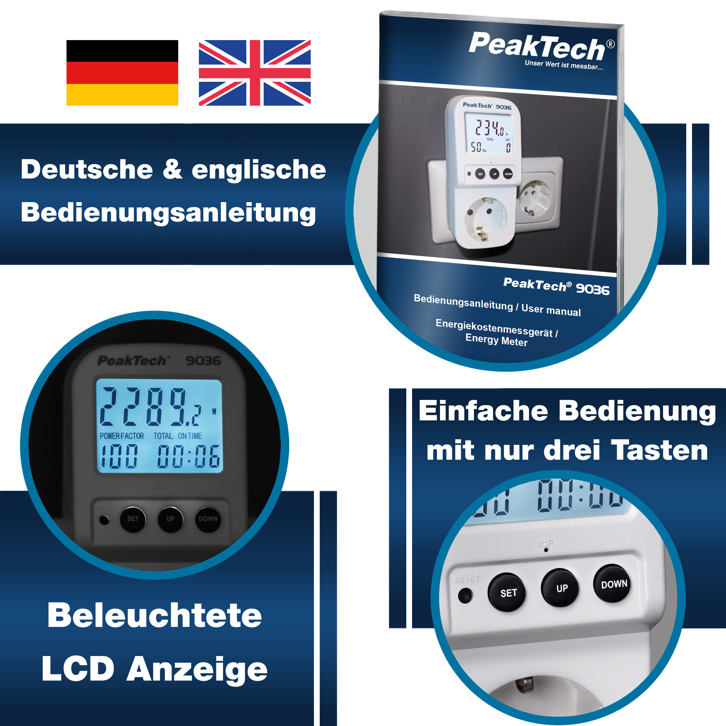 «PeakTech® P 9036» Licznik energii 0,1 W z podświetlanym wyświetlaczem
