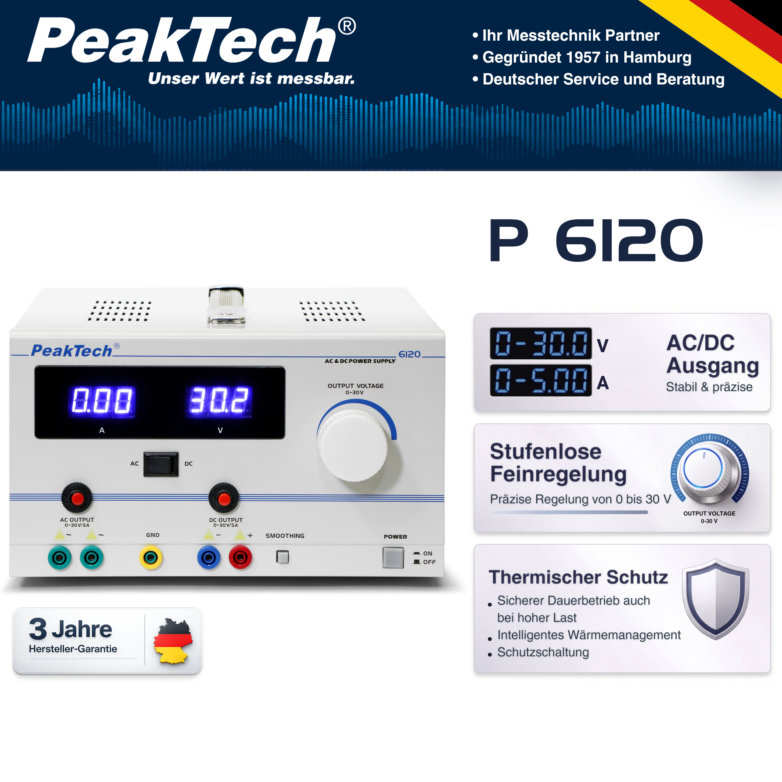 «PeakTech® P 6120» AC/DC Laboratory Power Supply 0 - 30 V/5 A
