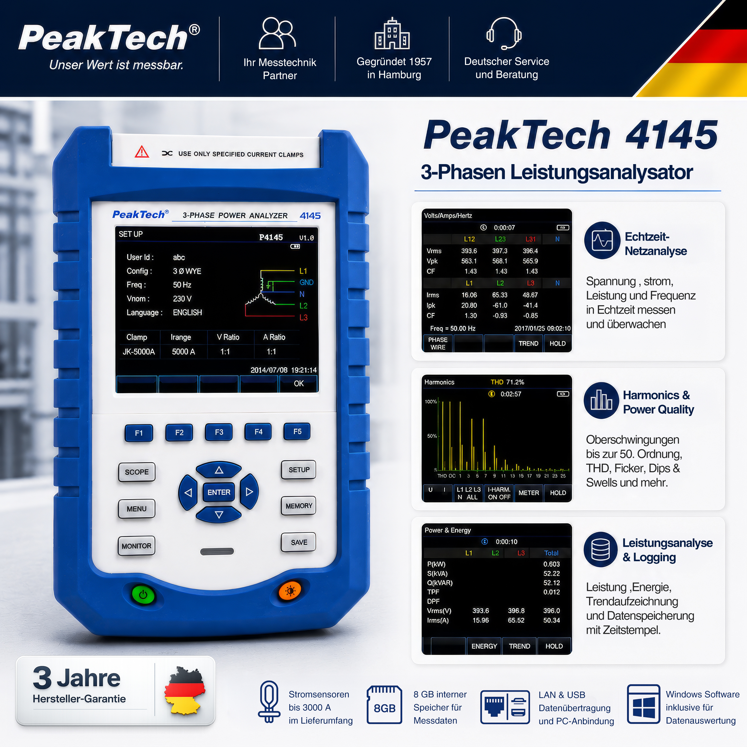 «PeakTech® P 4145» Power analyzer with RS-232 C interface
