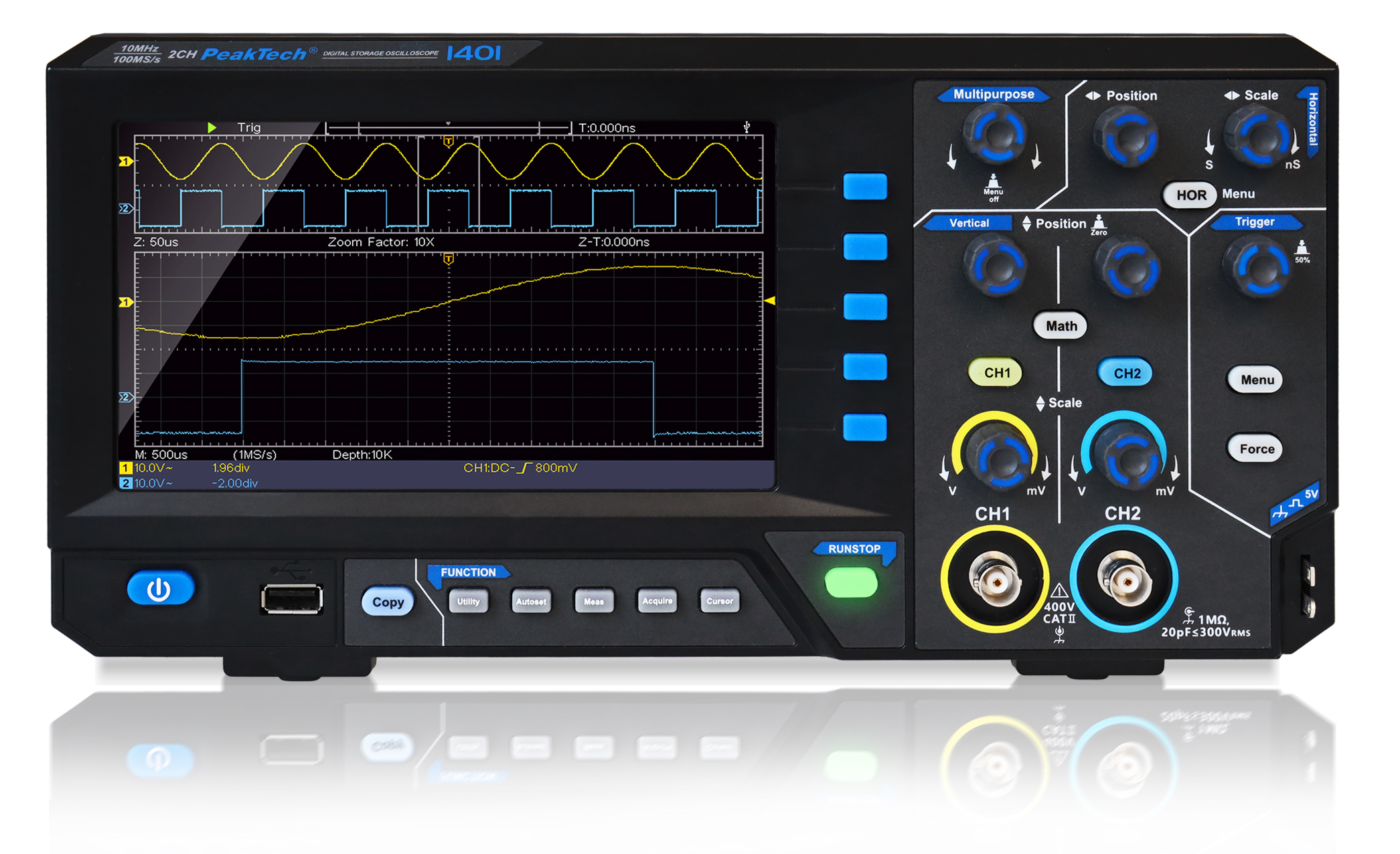 «PeakTech® P 1401» 10 MHz / 2CH, 100 MS/s Oscilloscope à mémoire