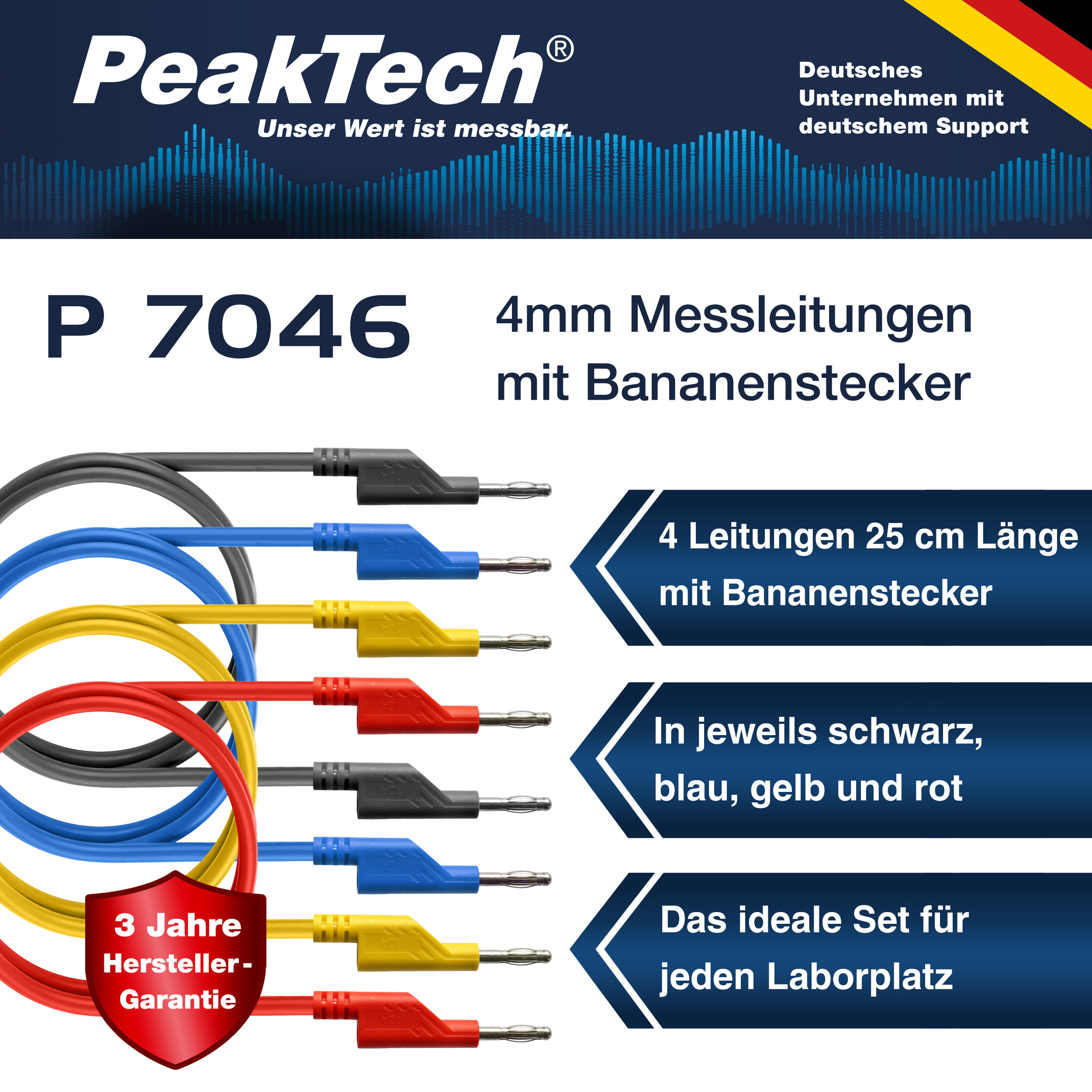 «PeakTech® P 7046» Juego de 4 cables de prueba (25 cm) para fuentes de alimentación «PeakTech® P 7046» Juego de 4 cables de prueba (25 cm) para fuentes de alimentación