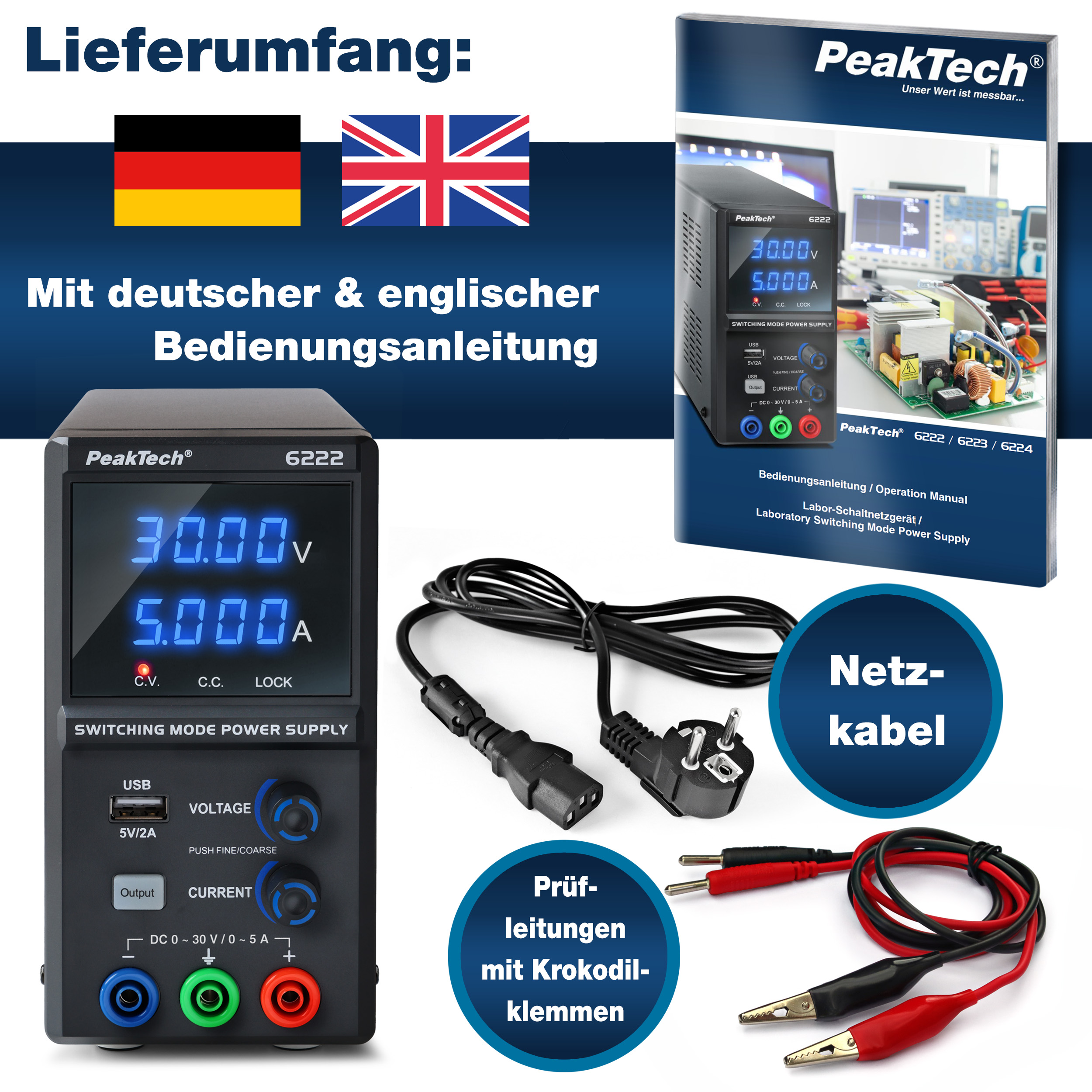«PeakTech® P 6222» Alimentation à découpage CC 0 - 30 V / 0 - 5 A