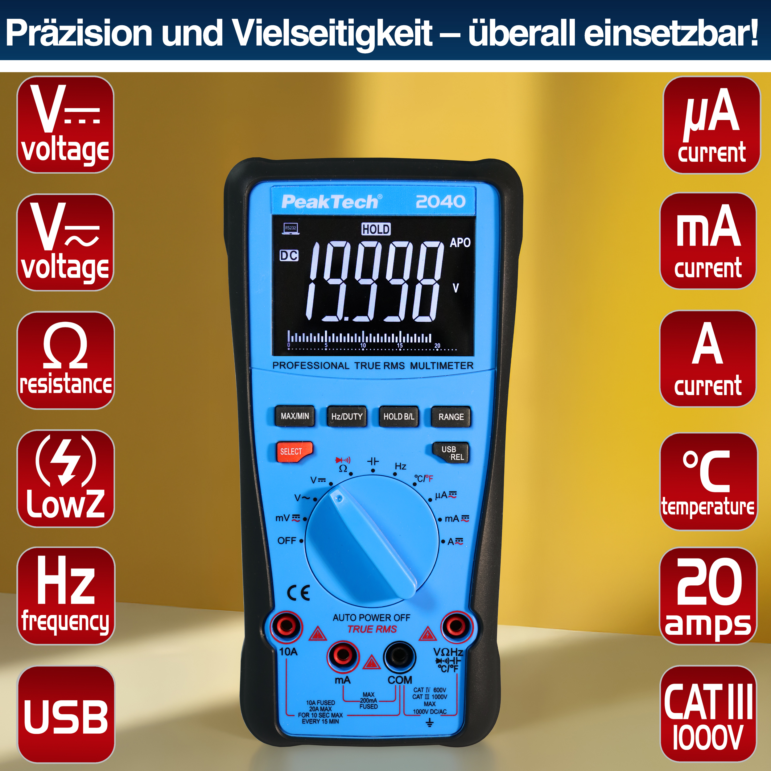 «PeakTech® P 2040» True RMS 1000V Digitalmultimeter 20000 Counts, USB
