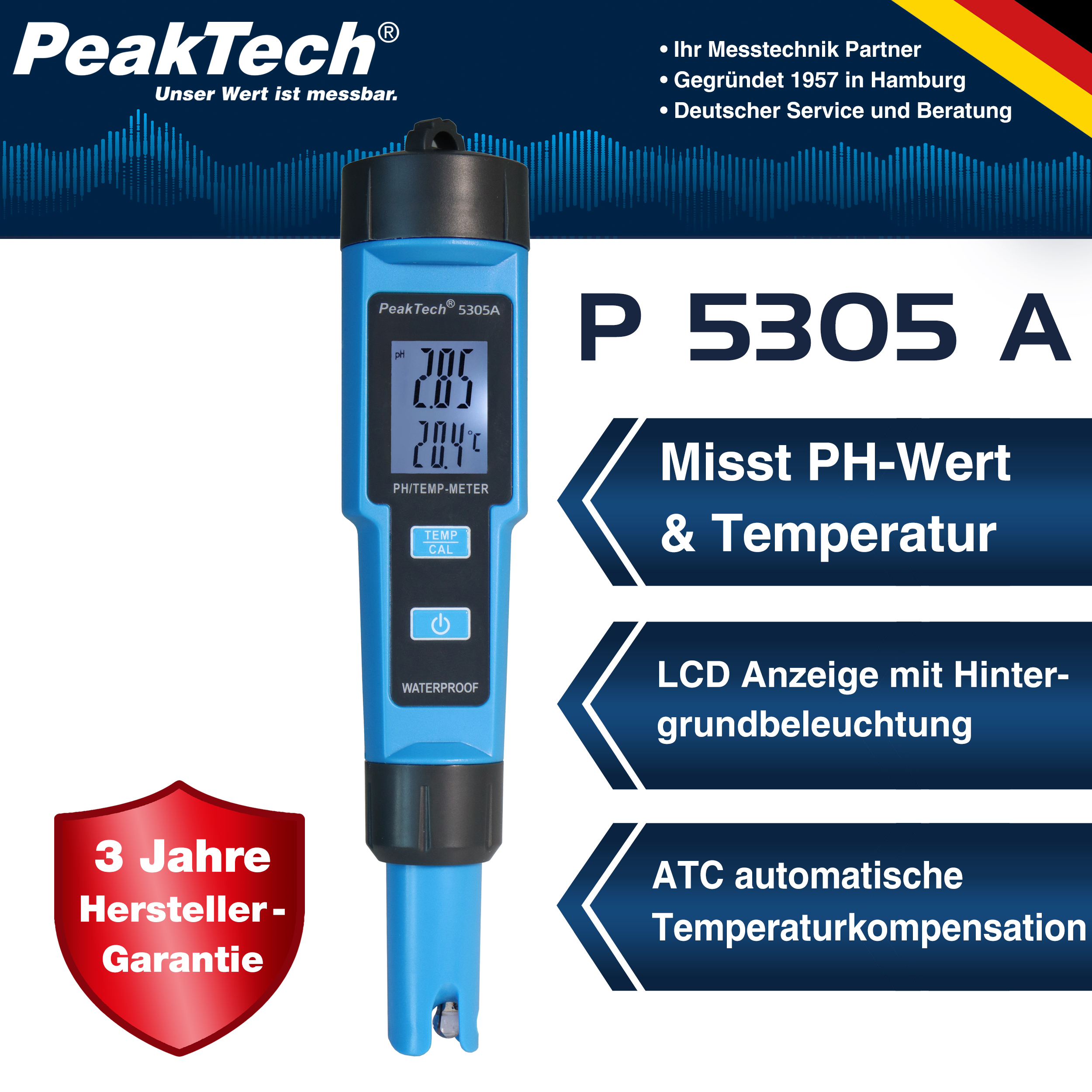 «PeakTech® P 5305 A» 2 in 1 PH-Meter for PH/TEMP