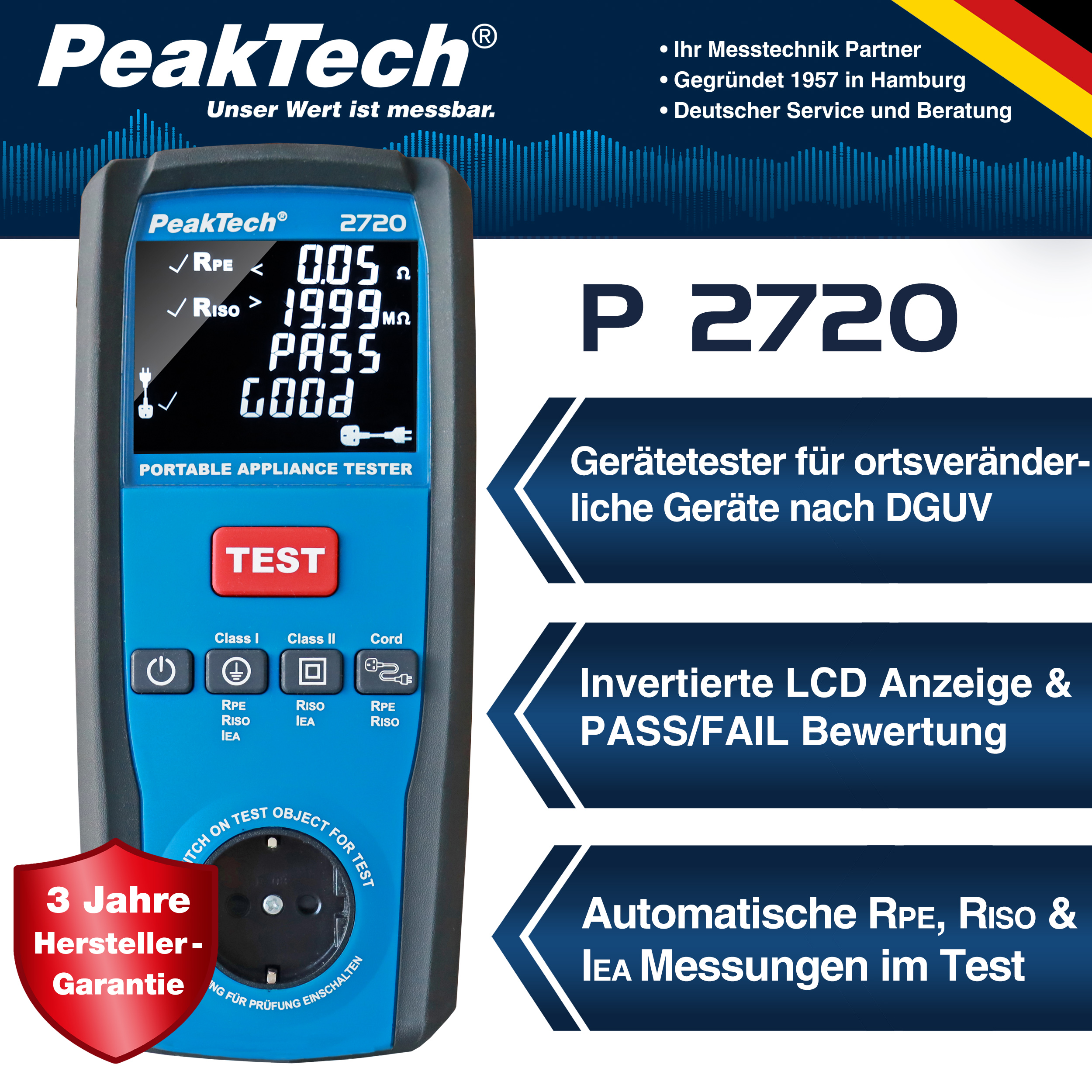 «PeakTech® P 2720» PAT-Tester für ortsveränderliche Geräte 