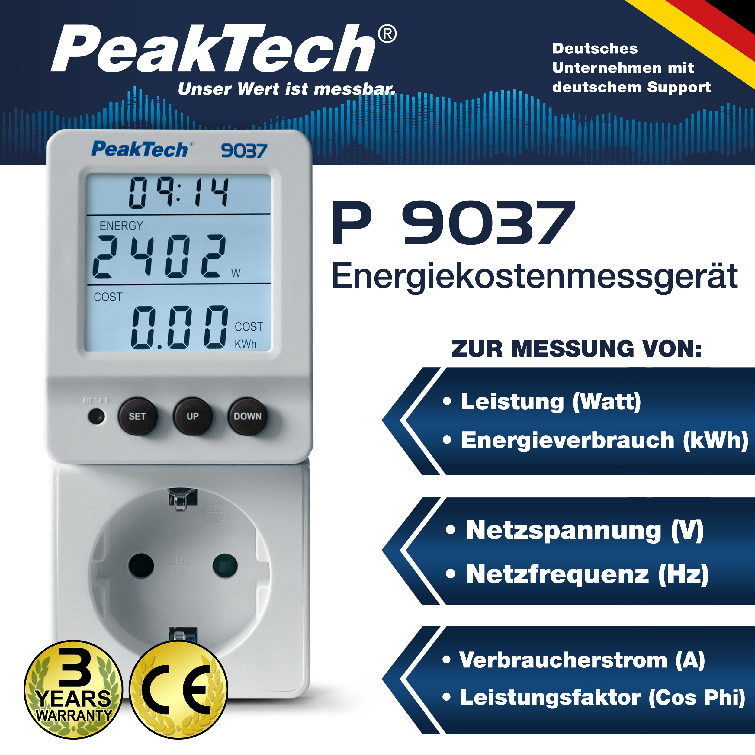 «PeakTech® P 9037» Energiekostenmessgerät 0,1W Auflösung mit schwenkbarem LCD