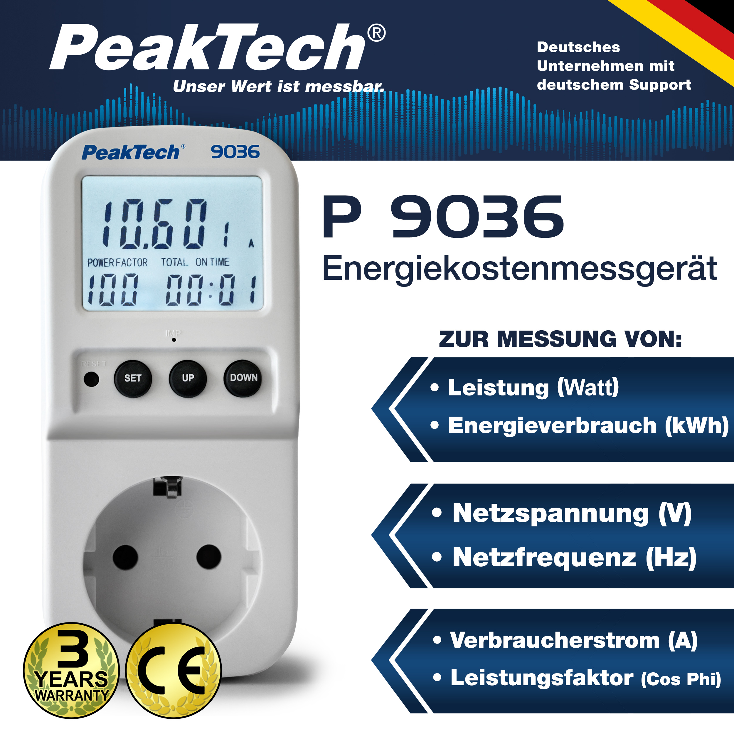 «PeakTech® P 9036» Licznik energii 0,1 W z podświetlanym wyświetlaczem