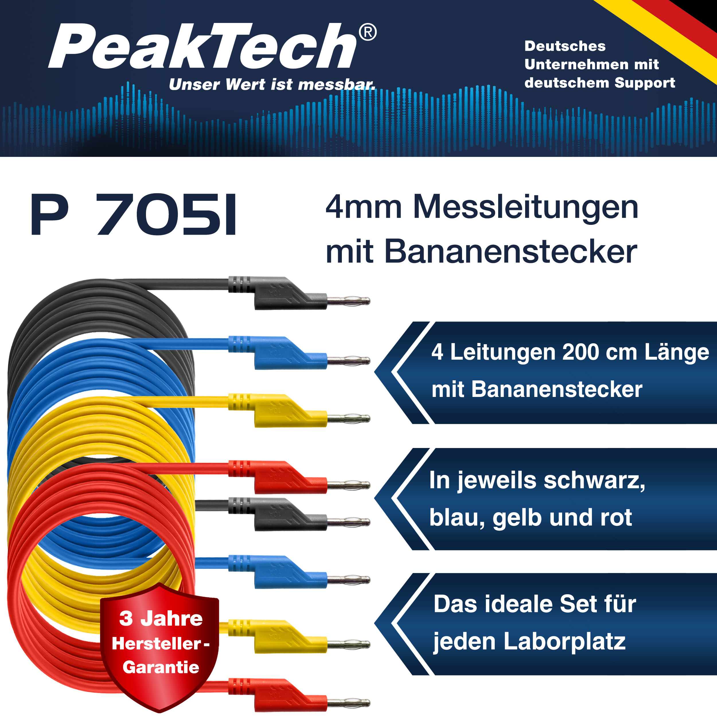 «PeakTech® P 7051» Jeu de 4 câbles de test, 200 cm, pour alimentations de laboratoire