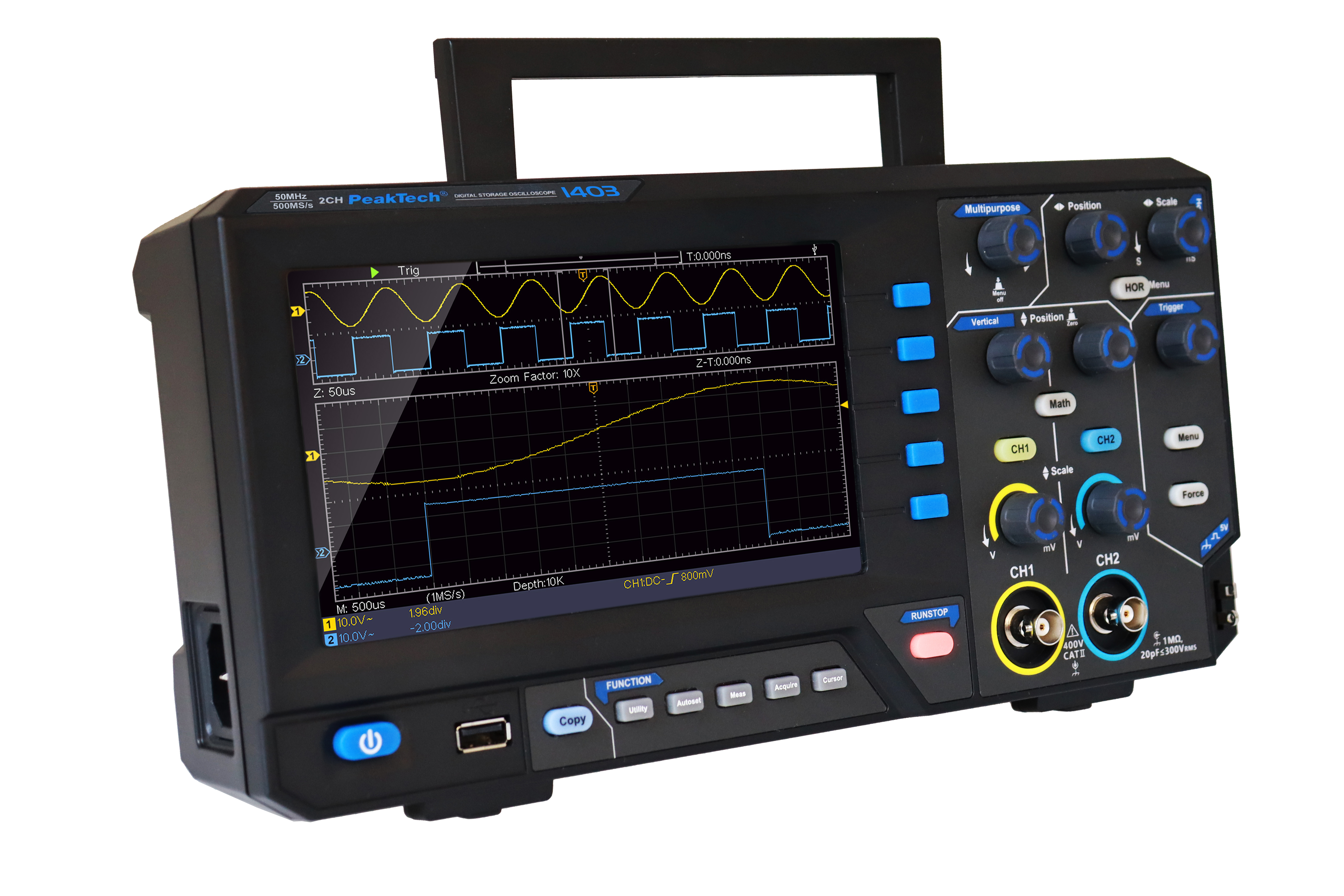«PeakTech® P 1403» 50 MHz / 2CH, 500 MS/s Oscilloscope à mémoire