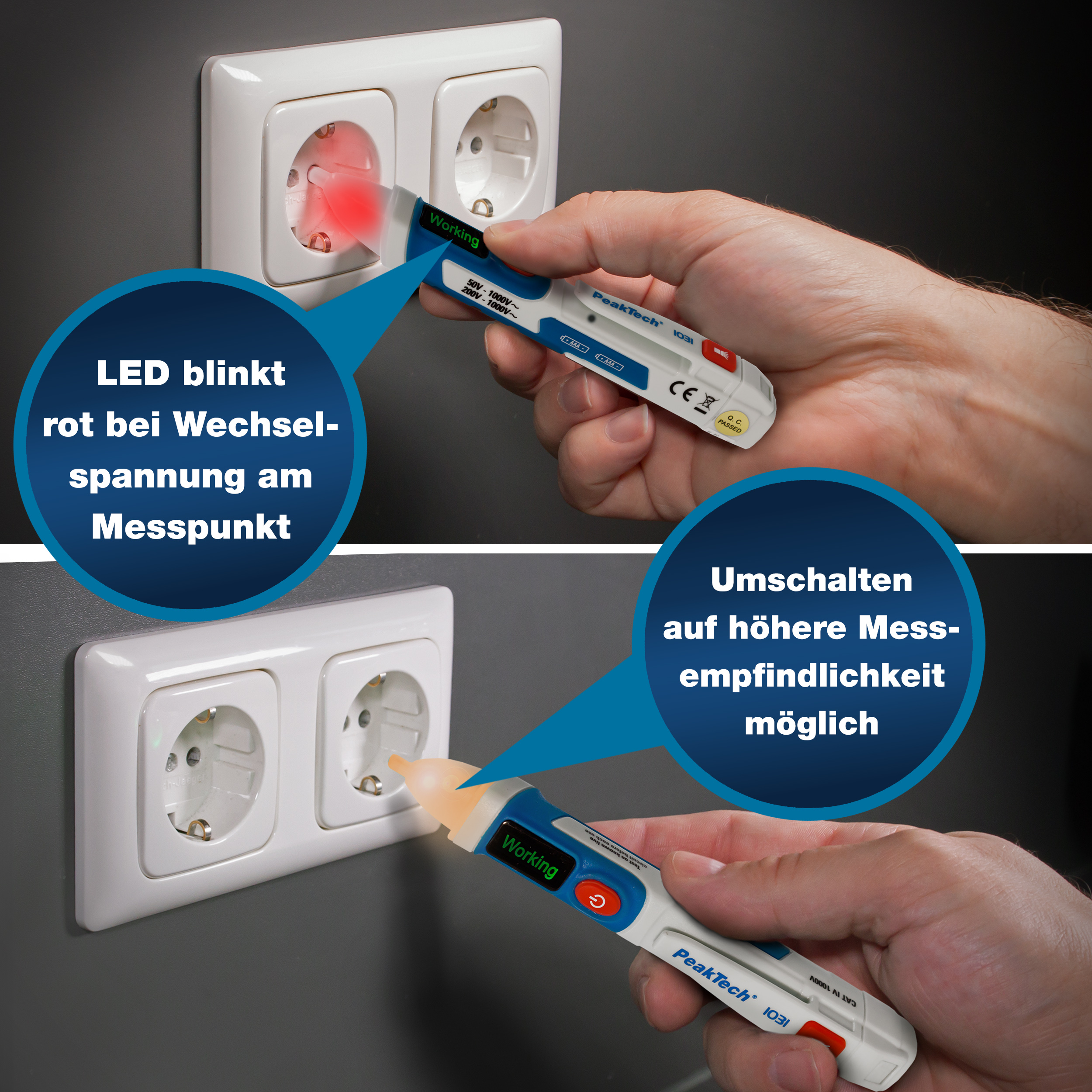 «PeakTech® P 1031» AC-Spannungsprüfer 50 - 1000 V AC mit Vibration