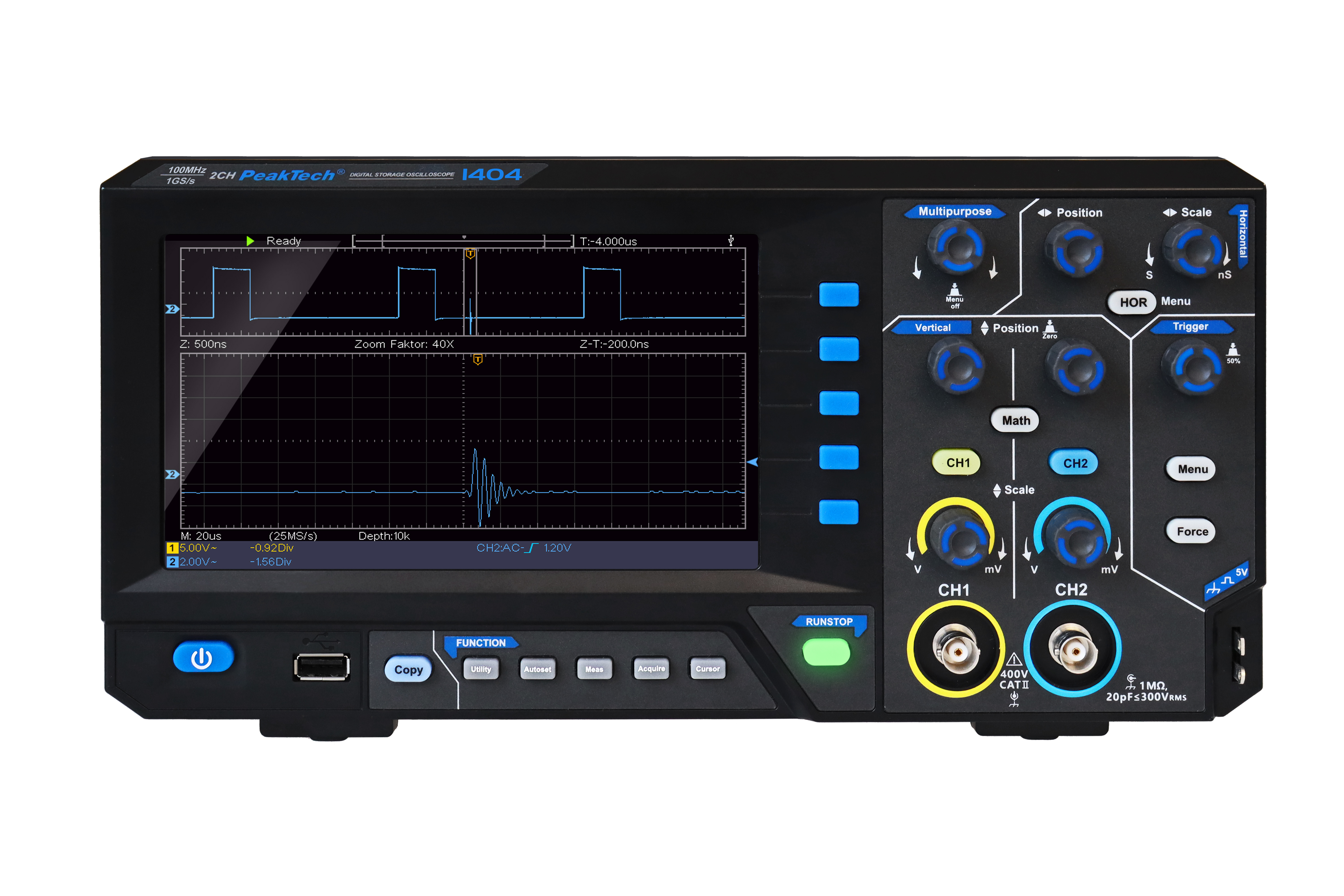 «PeakTech® P 1404» 100 MHz / 2CH, 1 GS/s Oscilloscope à mémoire