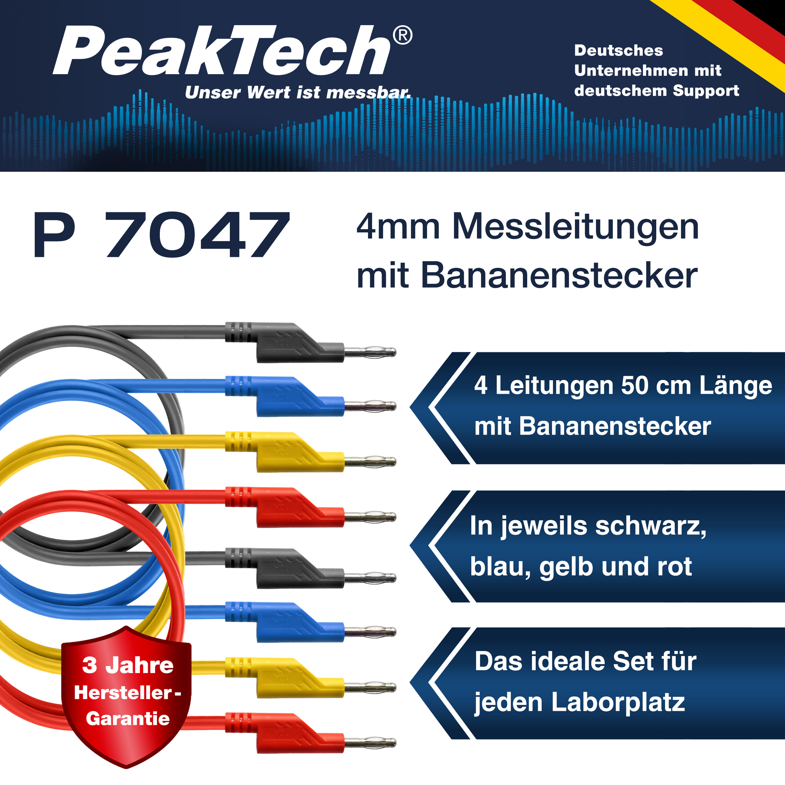 «PeakTech® P 7047» Jeu de 4 cordons de test de 50 cm pour alimentations