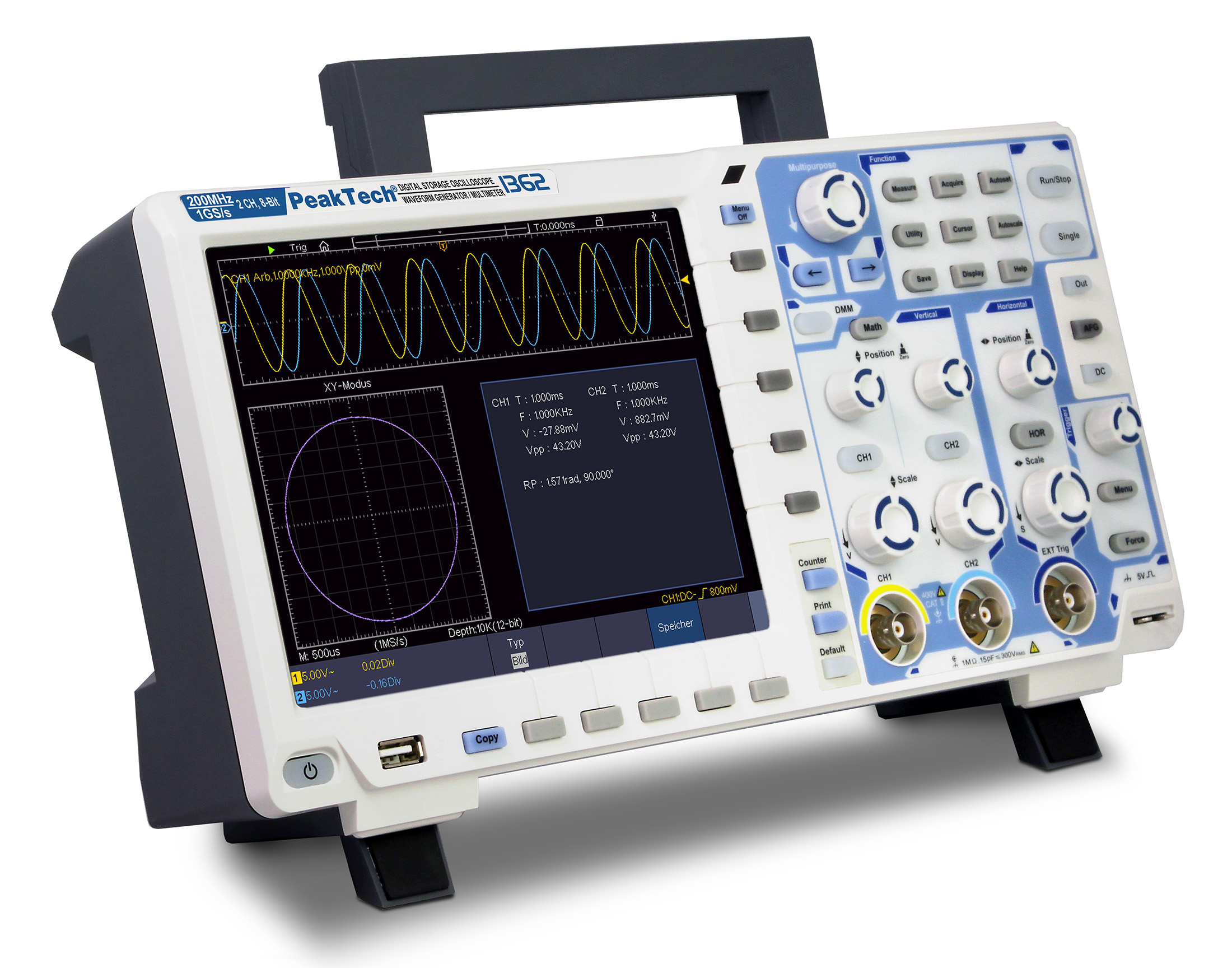 «PeakTech® P 1362» 200 MHz / 2 CH, 2 GS/s Touchscreen-Oszilloskop