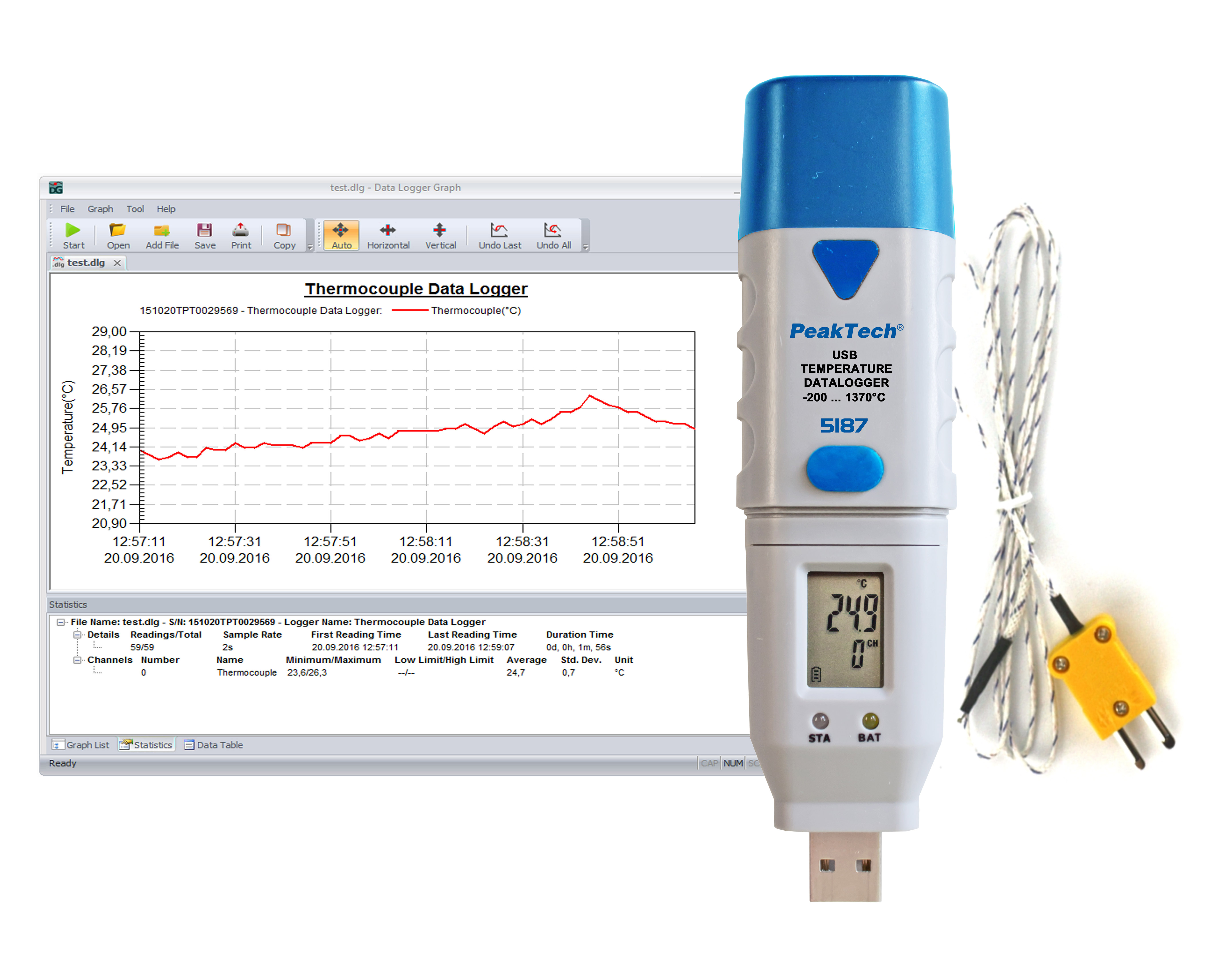 «PeakTech® P 5187» Rejestrator USB temperatury typu K, 32 000 punktów