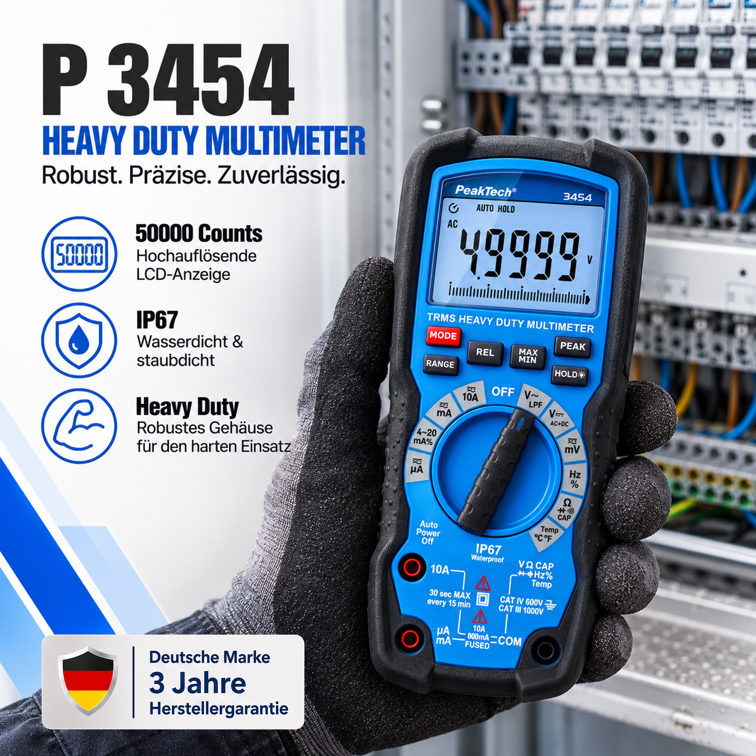 «PeakTech® P 3454» Heavy Duty Multimeter ~ 50.000 Counts LCD ~1000V AC/DC with TrueRMS, IP67