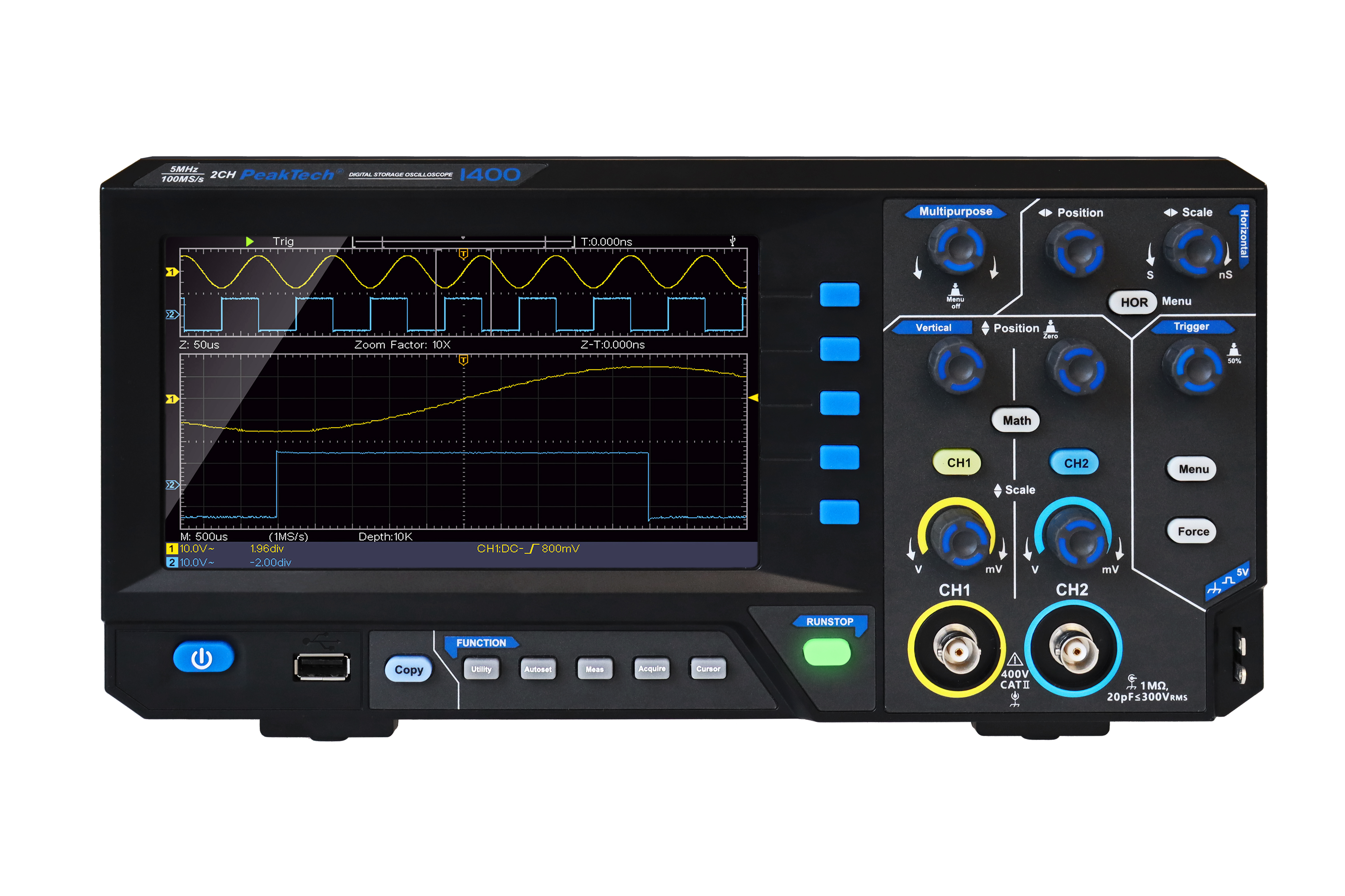 «PeakTech® P 1400» 5 MHz / 2CH, 100 MS/s Oscilloscope à mémoire