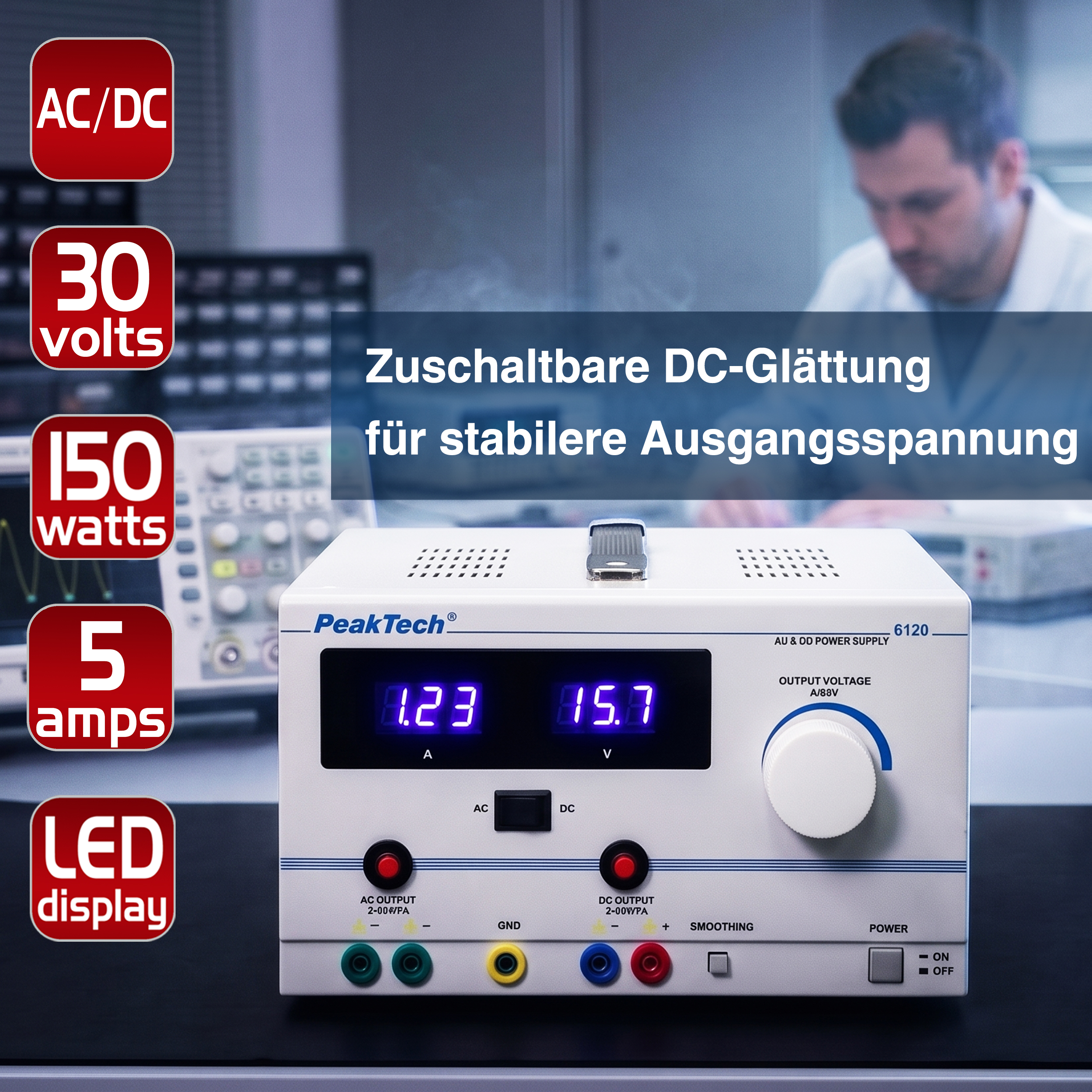 «PeakTech® P 6120» AC/DC Laboratory Power Supply 0 - 30 V/5 A