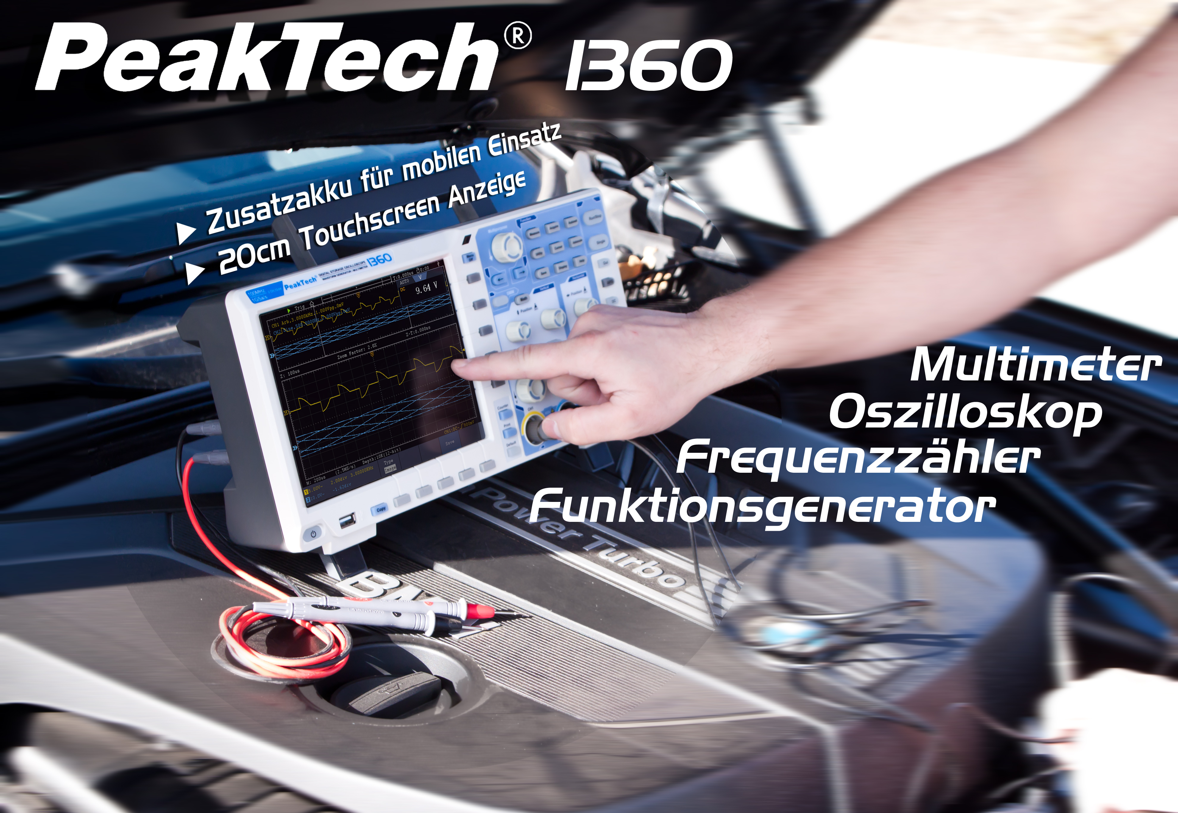 «PeakTech® P 1360» Oscilloscopio touchscreen da 100 MHz/2 CH, 1 GS/s