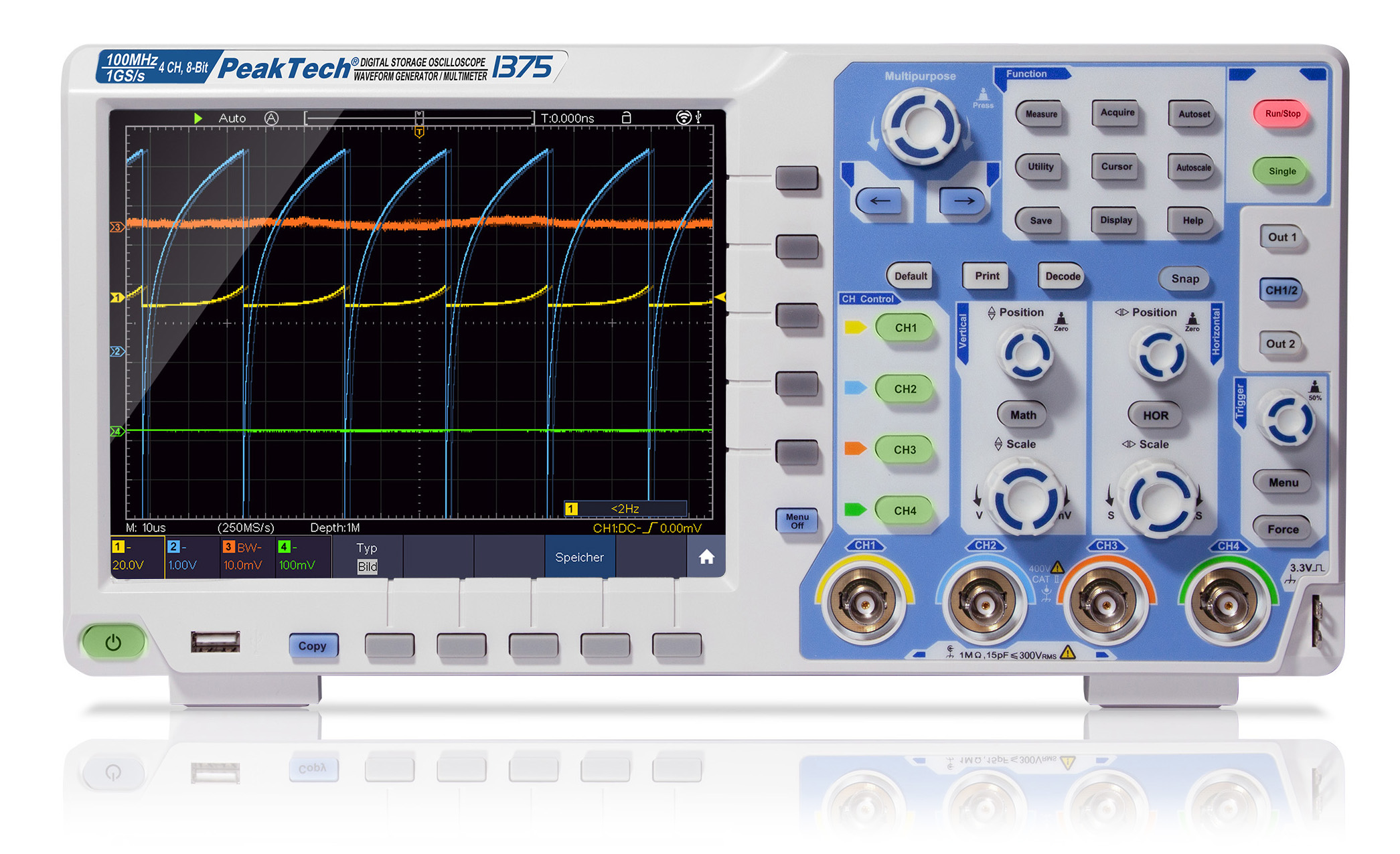 «PeakTech® P 1375» 100 MHz / 4 CH, 1 GS/s touchscreen oscilloscope