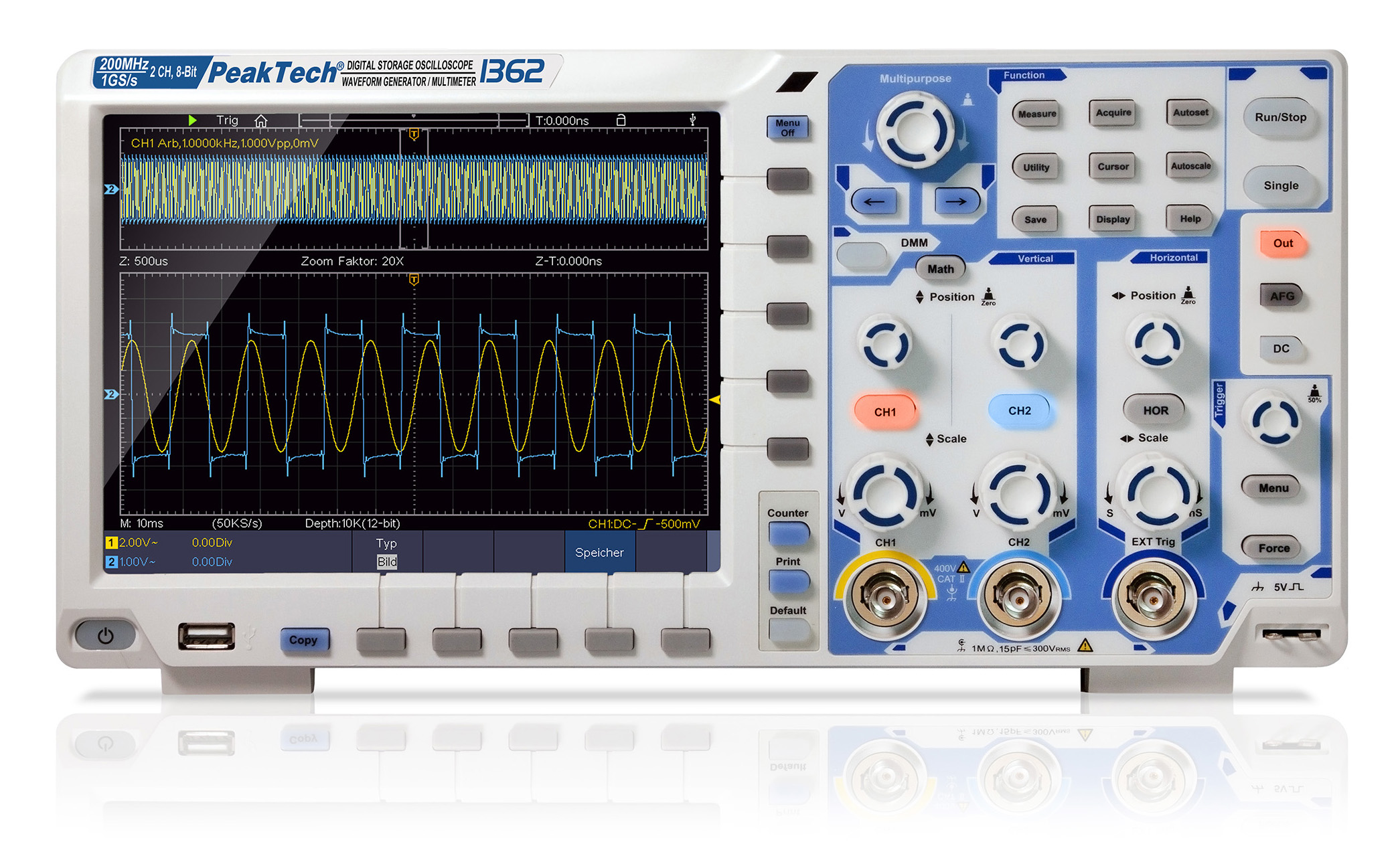 «PeakTech® P 1362» Oscilloscopio touchscreen da 200 MH /2 CH, 2 GS/s