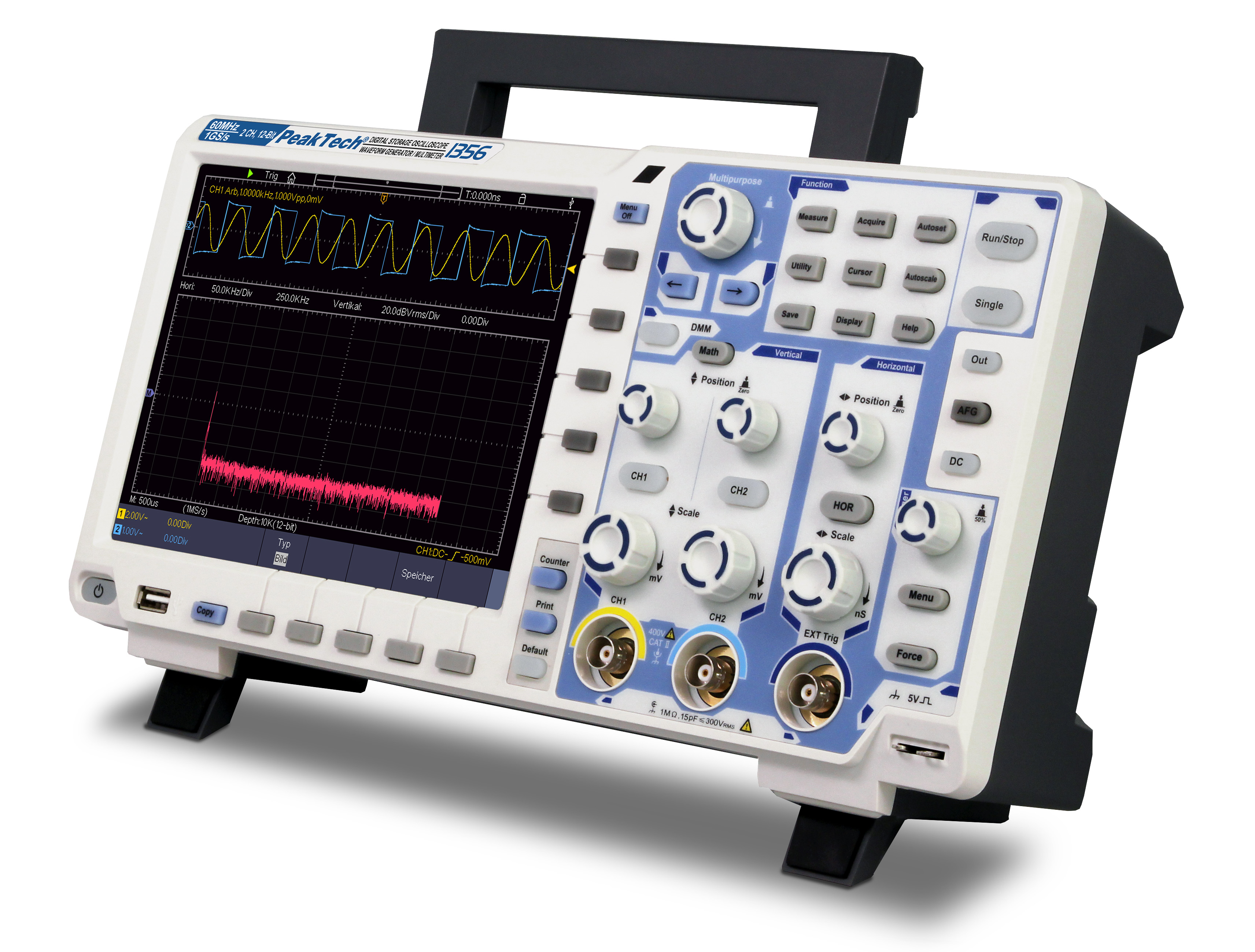 «PeakTech® P 1356» 60 MHz / 2 CH, 1 GS/s touchscreen oscilloscope