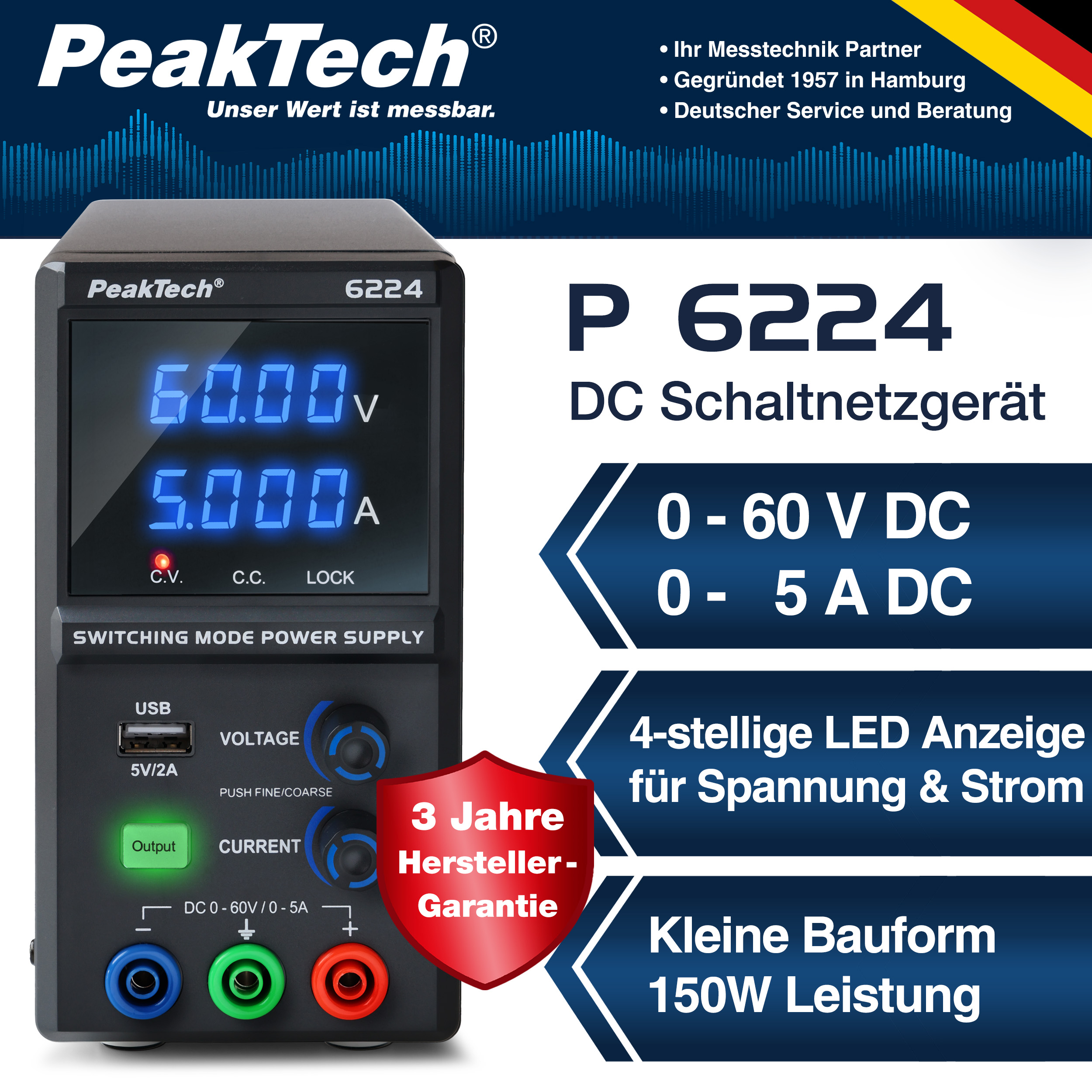 «PeakTech® P 6224» Alimentation à découpage CC 0 - 60 V / 0 - 5 A