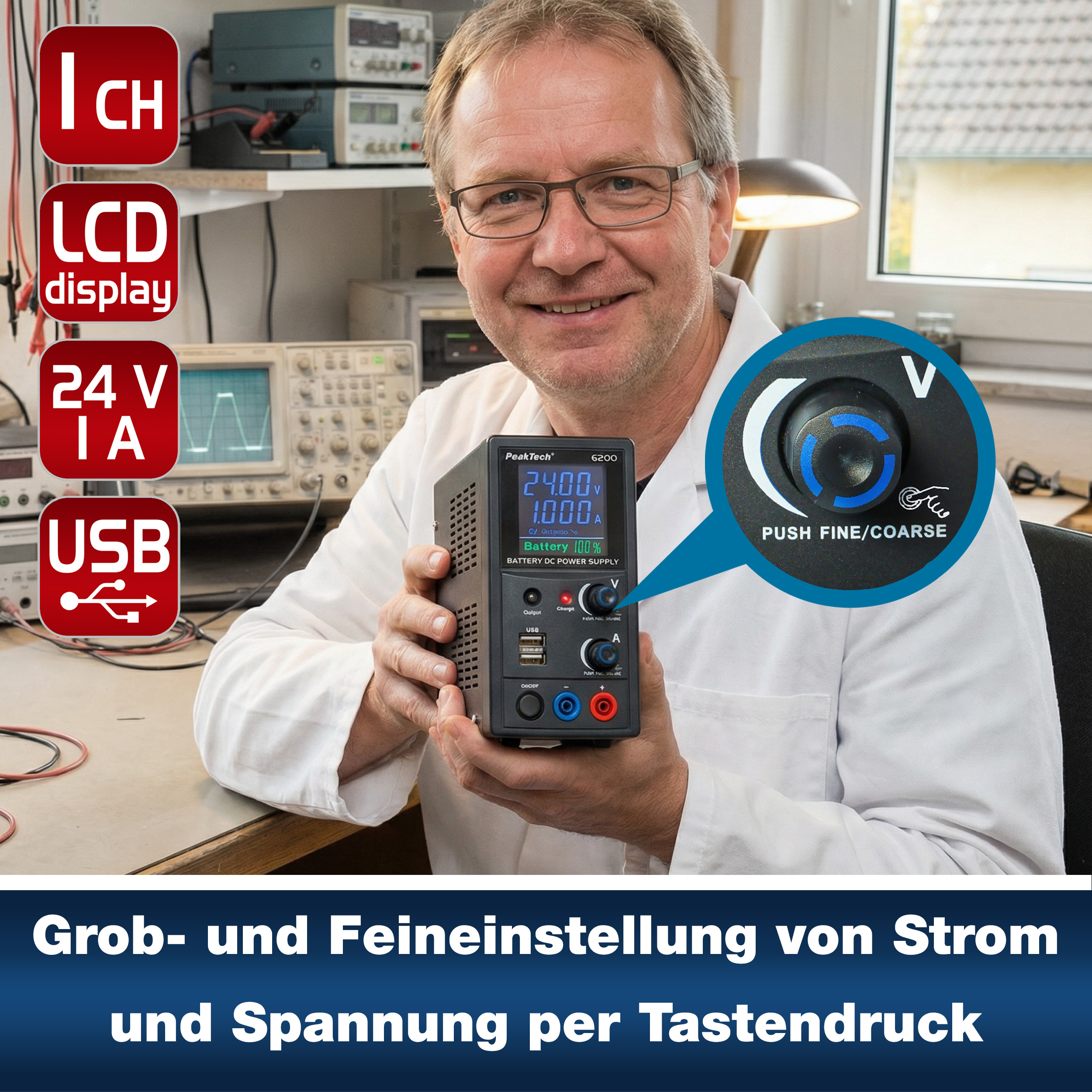 «PeakTech® P 6200» Akku-Labornetzgerät 0...24V / 0...1A DC