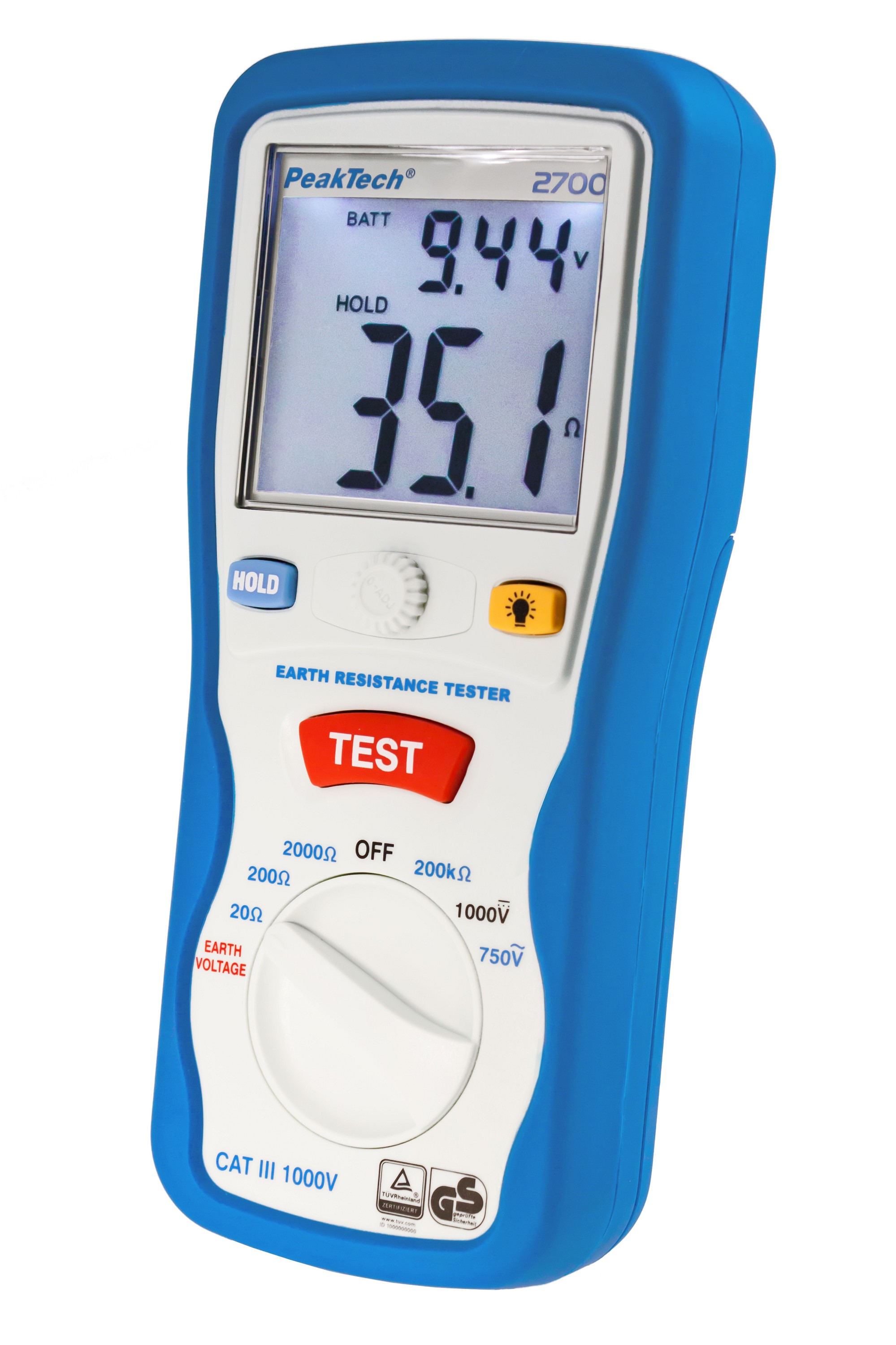 «PeakTech® P 2700» Cyfrowy tester uziemienia, 0-2000Ω, CAT III 1000V