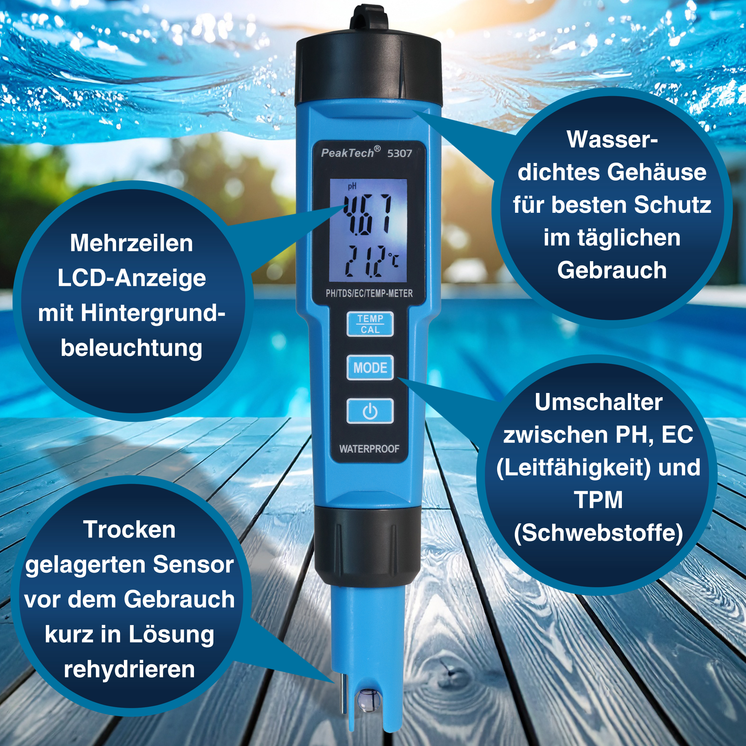 «PeakTech® P 5307» Medidor de PH 4 en 1 PH/EC/TDS/TEMP